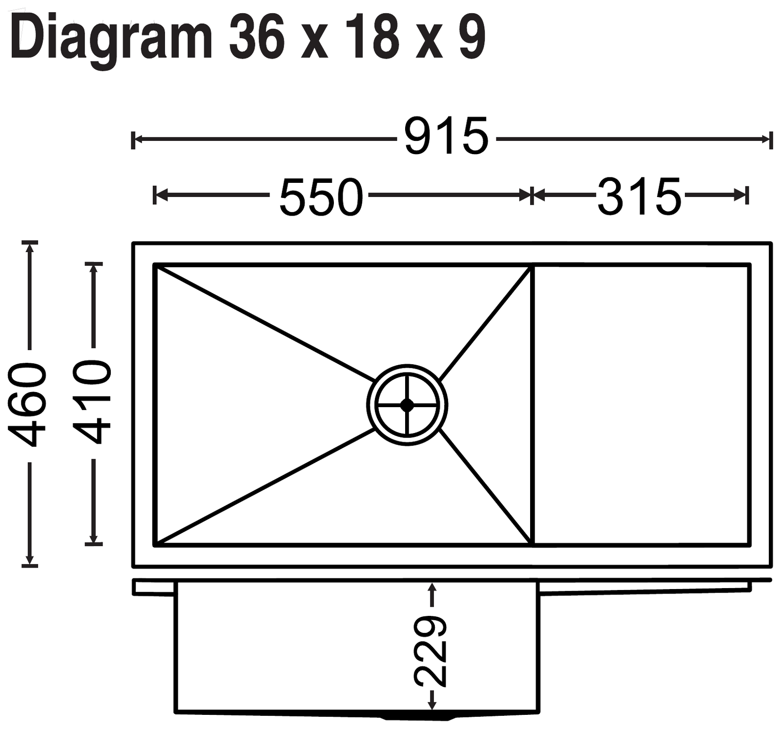 Carysil Quadro Single Bowl with Drainer 36x18x9 technical drawing