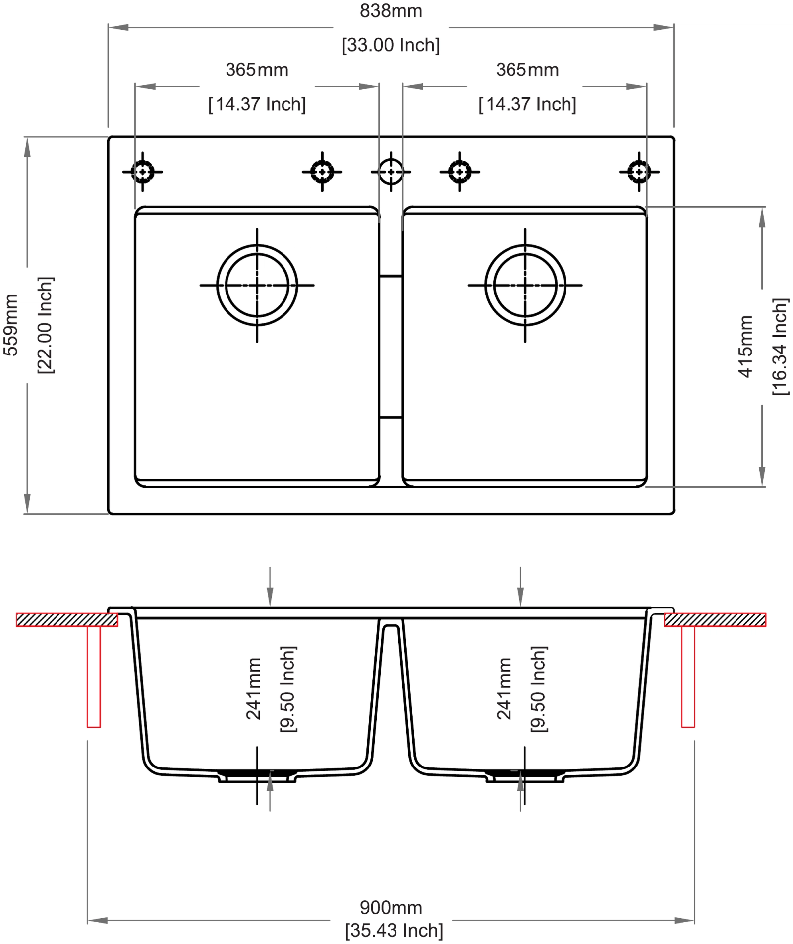 Carysil CG2B 3322 Double Bowl Kitchen Sink technical drawing