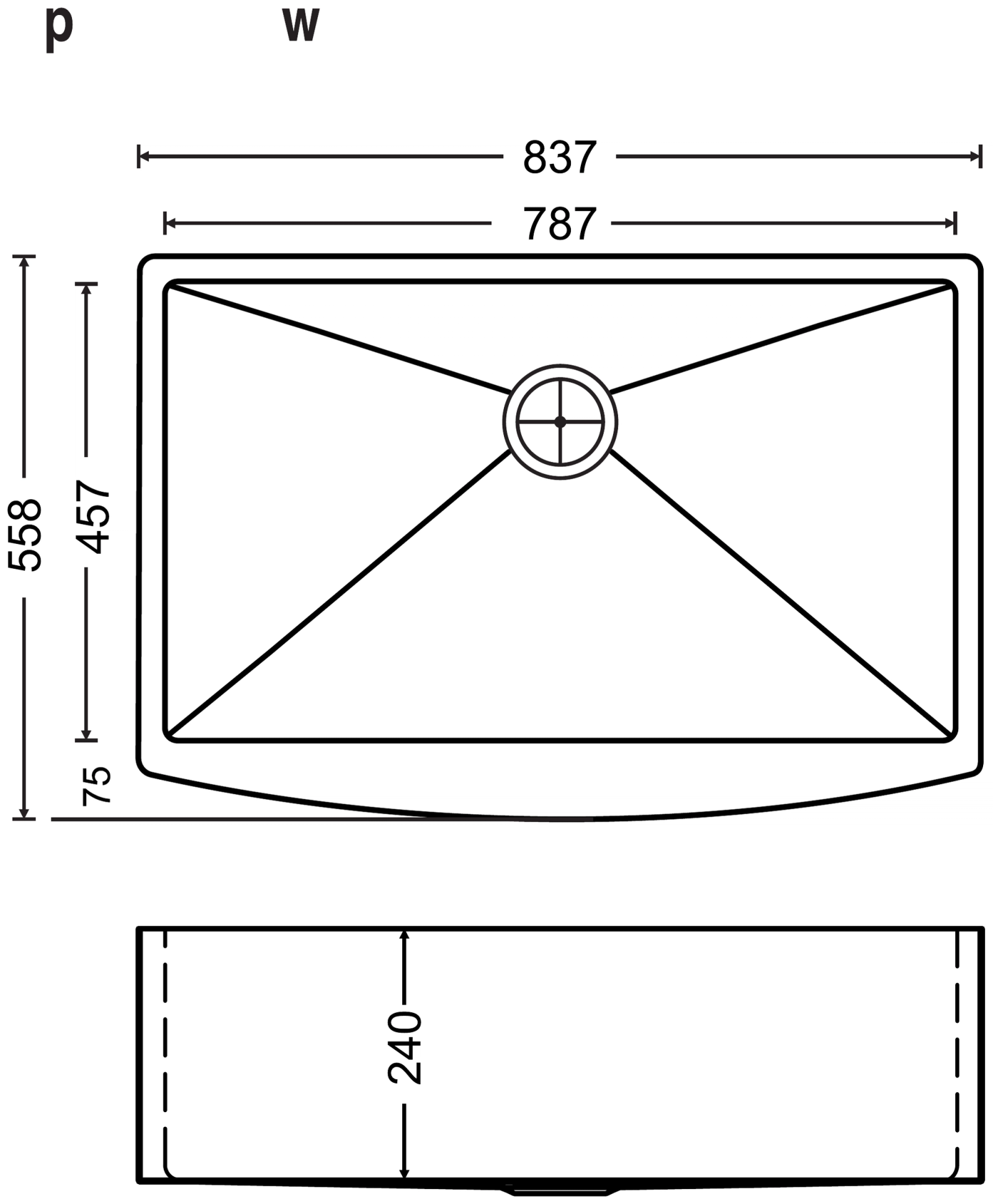 Carysil Radius Appron Sink 33x22x9 technical drawing