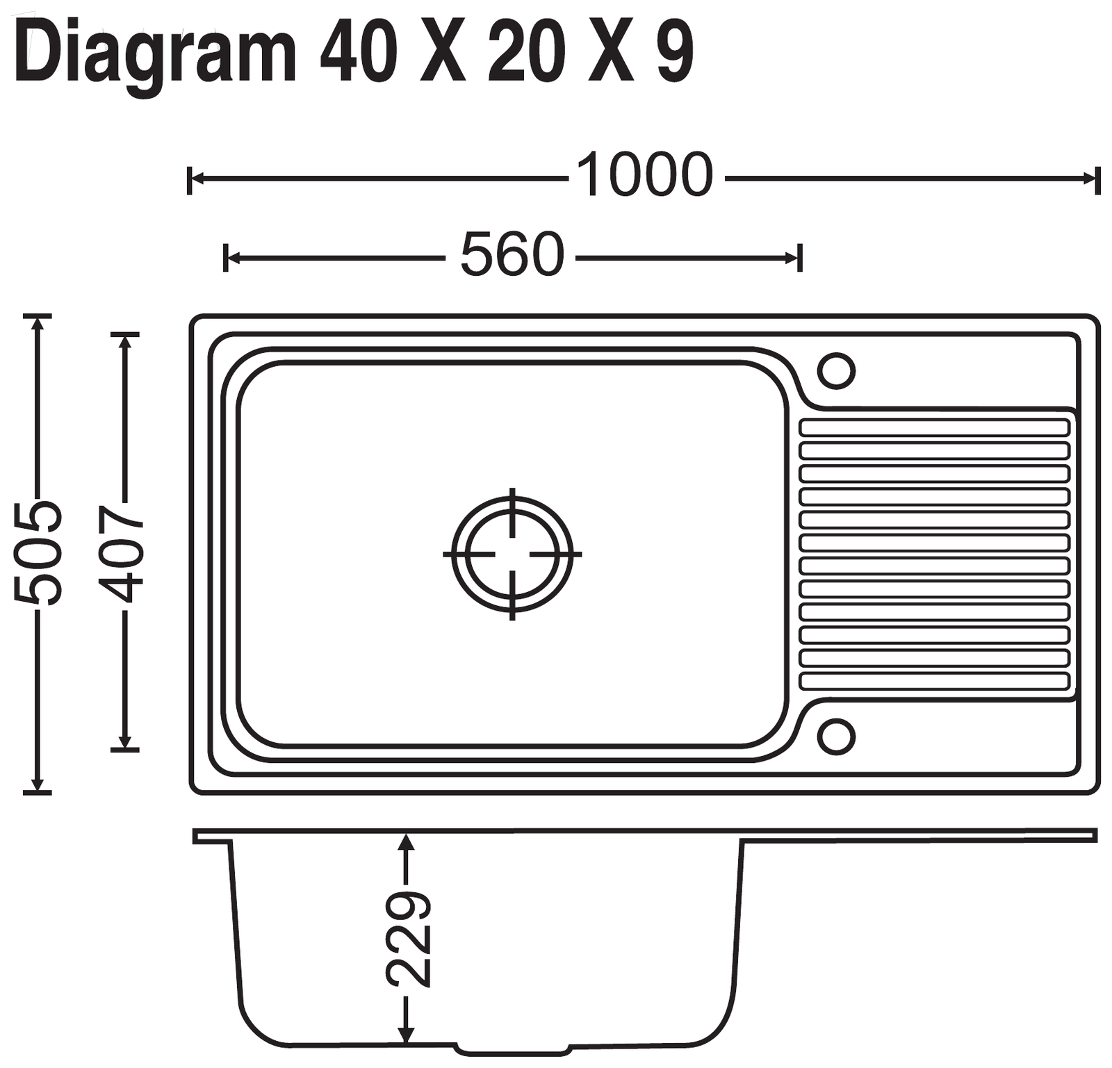 Carysil Vogue Single Bowl With Drainer 40x20x9 technical drawing