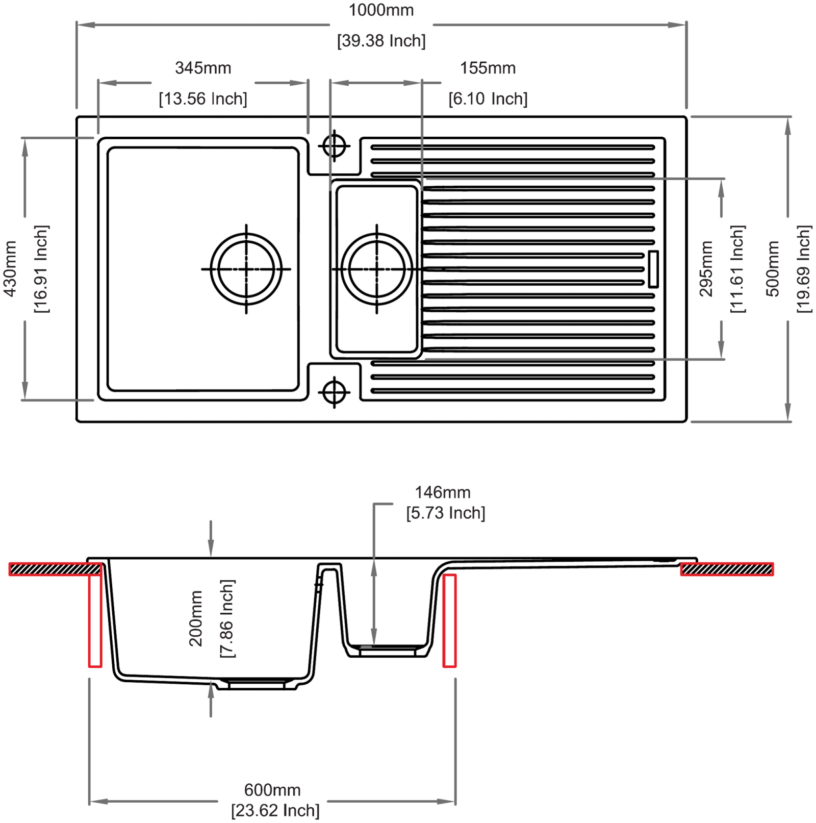 Carysil D150 Rimo one and half Bowl with Drainer Kitchen Sink technical drawing