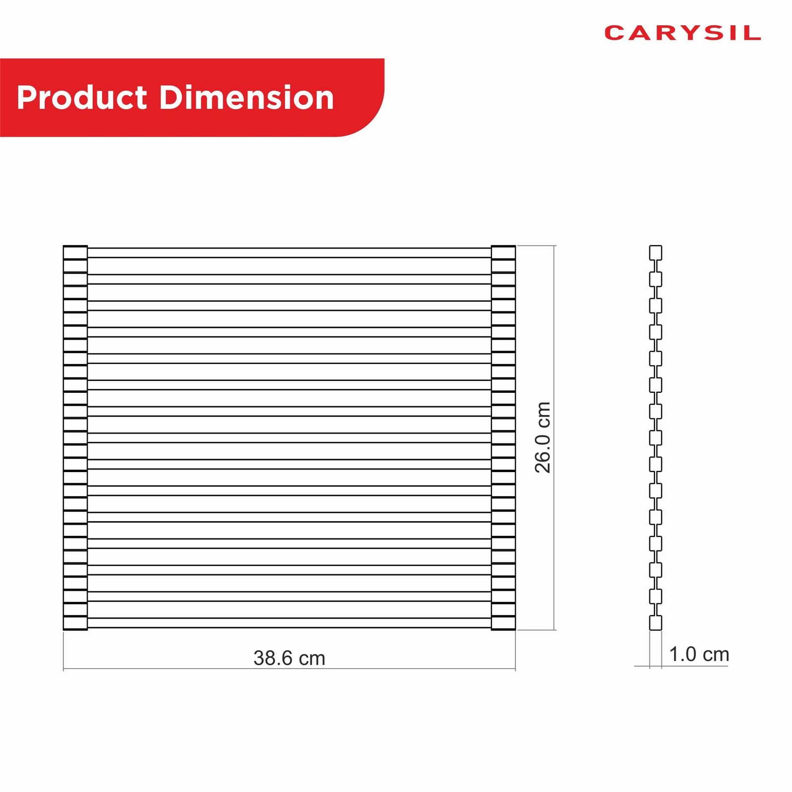 Carysil Fold Mat Roll Up Dish Drying Rack for Kitchen Sink, Multipurpose Stainless Steel Drainer, Heat Resistant, Anti-Slip, Anti-Rust, Space-Saving Drying Foldable Mat, 38.6×2.6×1.4 cm technical drawing
