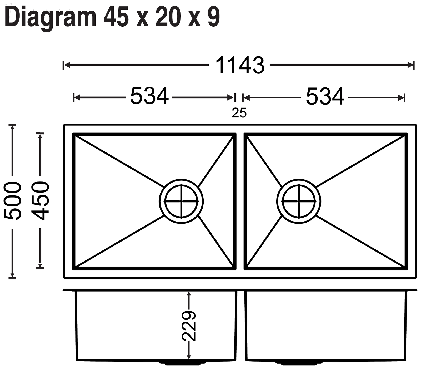 Carysil Quadro Double Bowl 45x20x9 technical drawing