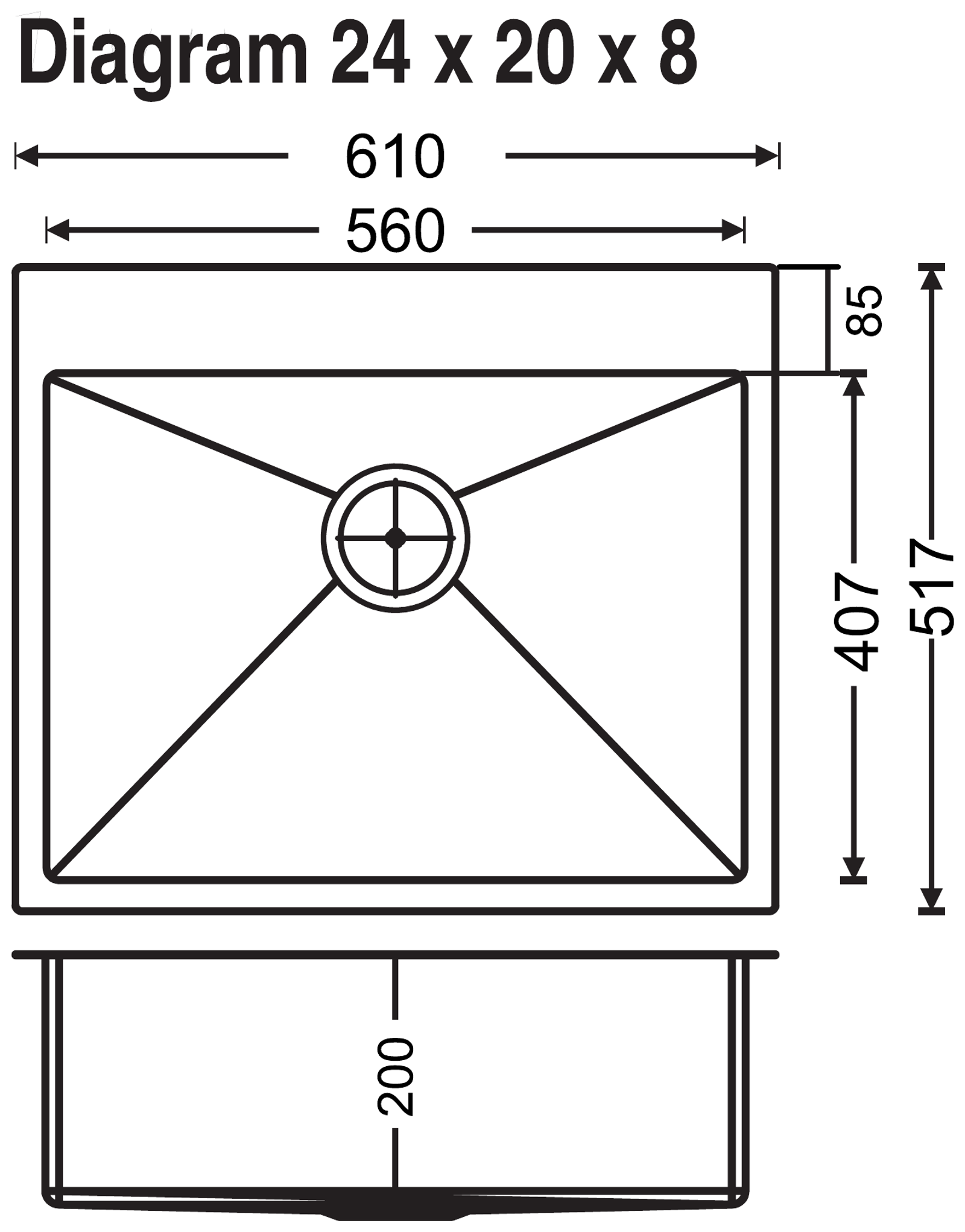 Carysil Micro Radius Waltz Single Bowl 24x20x8 technical drawing