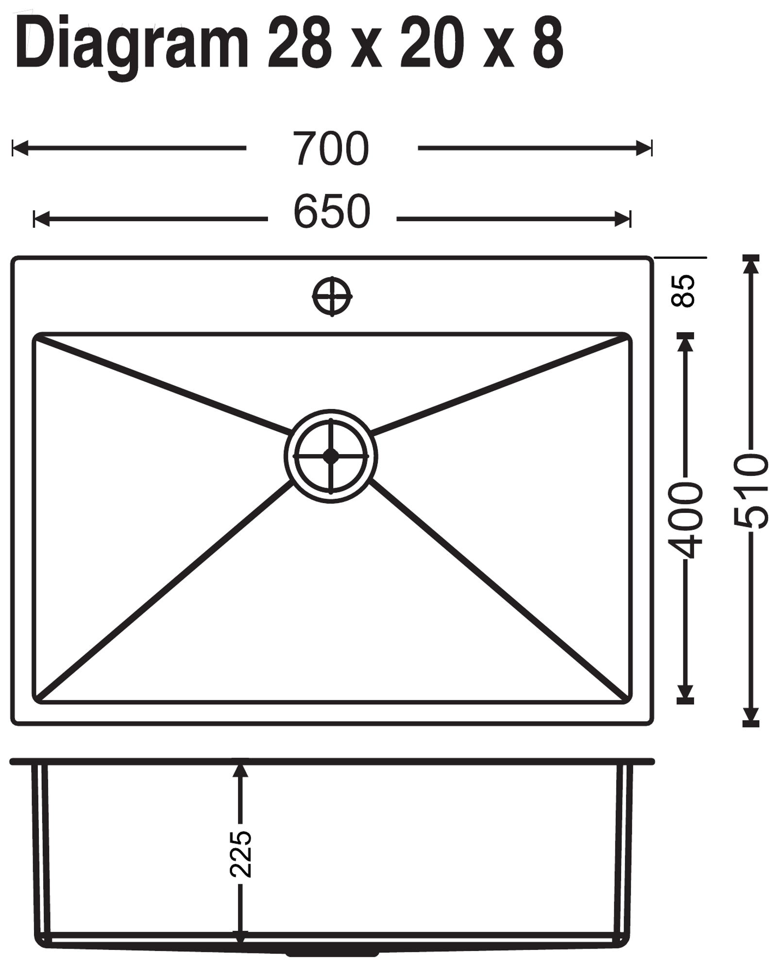 Carysil Micro Radius Waltz Single Bowl 28x20x8 technical drawing