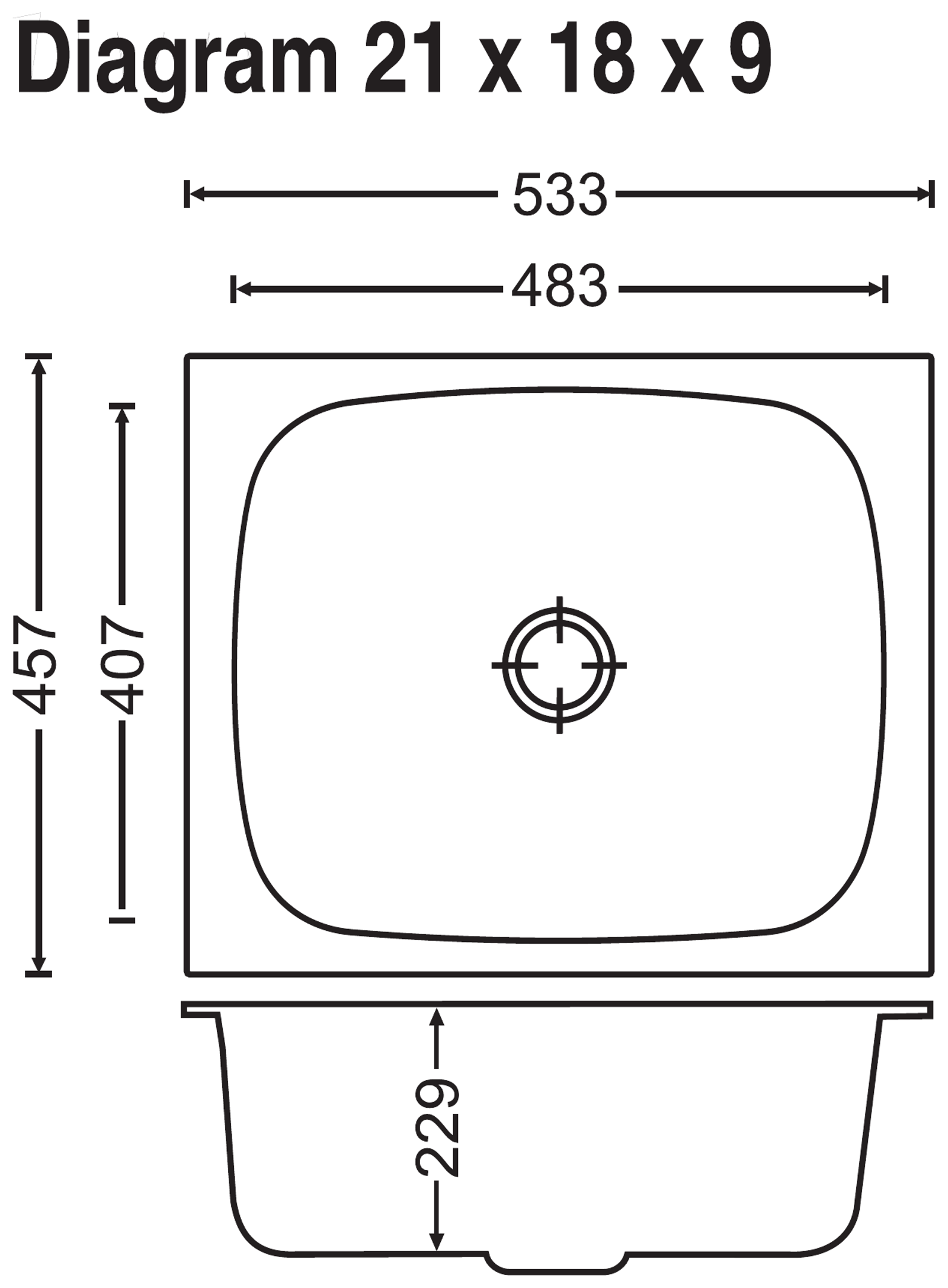 Carysil Elegance Single Bowl 21x18x9 technical drawing