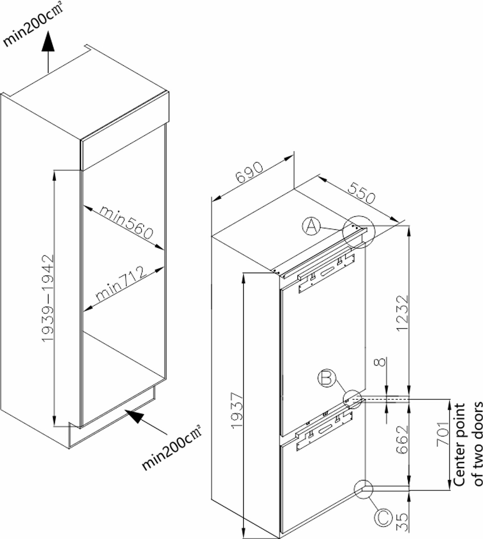Carysil Built-in Combi Refrigerator 75 technical drawing