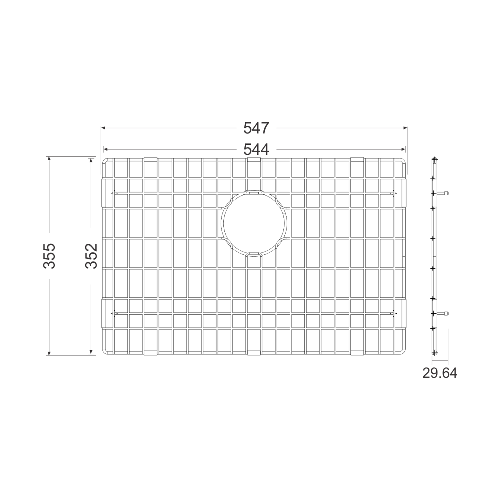 Carysil Wire Grid for Kitchen Sink, 304-Grade Stainless Steel, Metal Dish Drying Rack, Self Draining, Prevents Sliding, Kitchen Sink Accessories, 35.5×54.7×2.96 cm technical drawing