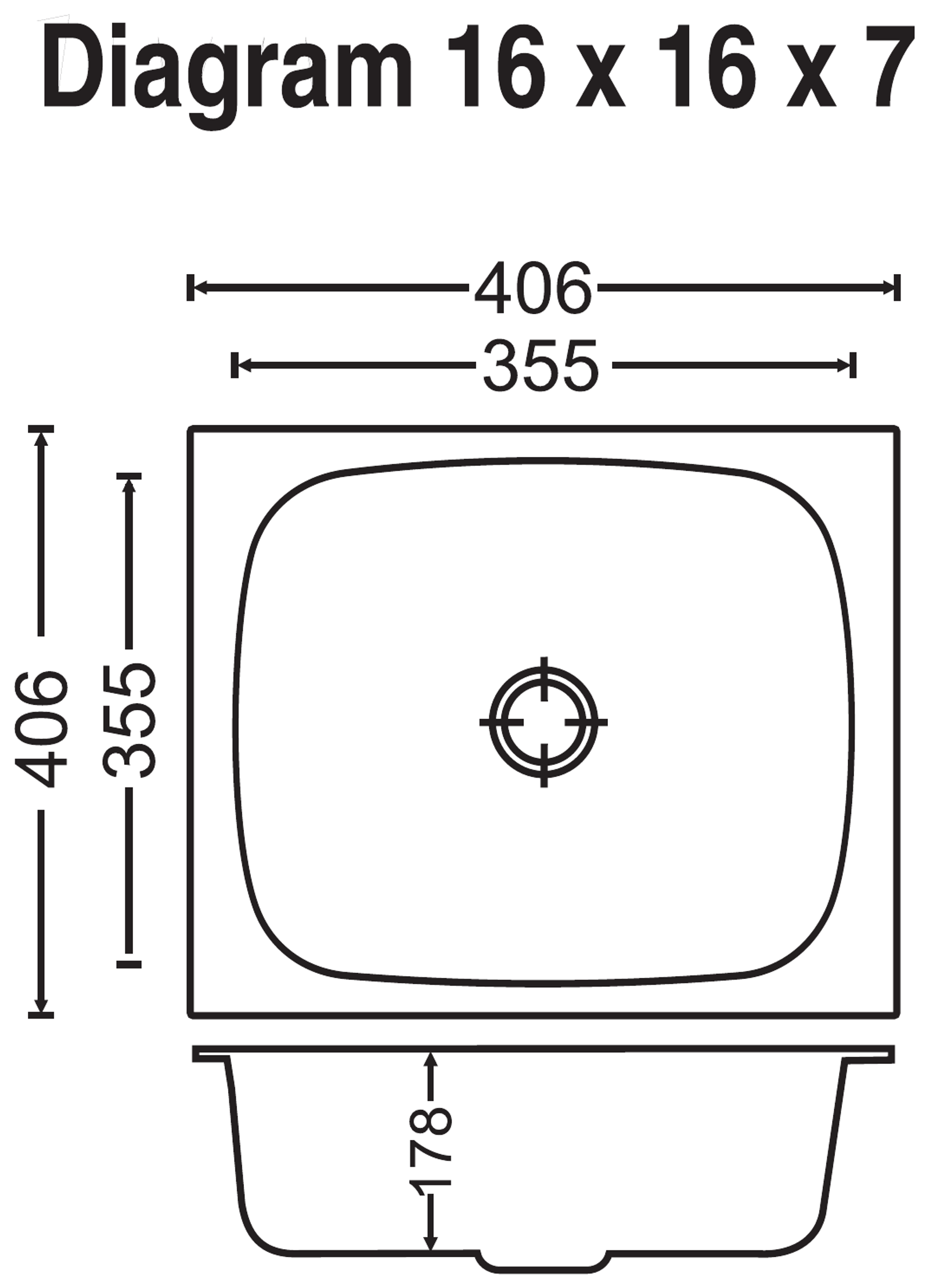 Carysil Elegance Single Bowl 16x16x7 technical drawing