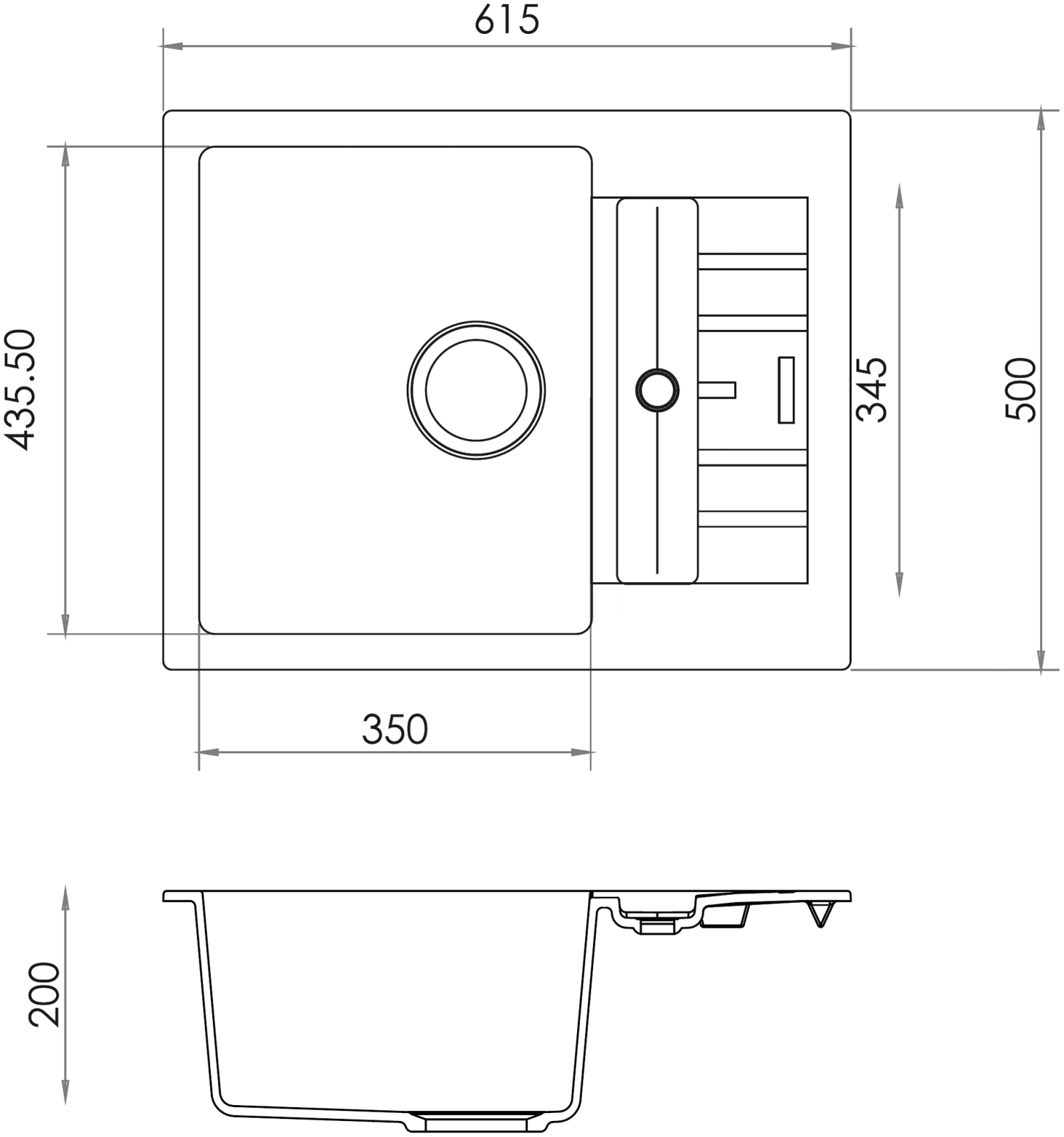 Carysil D100N Tip Toe Single Bowl with Drainer Kitchen sink technical drawing