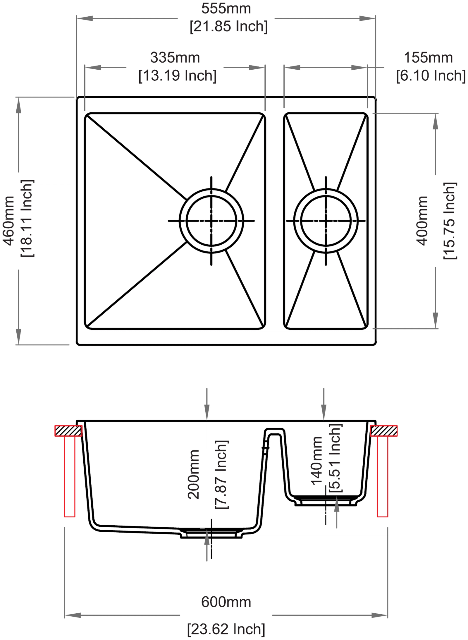 Carysil N150 Enigma One and Half Bowl Kitchen Sink technical drawing