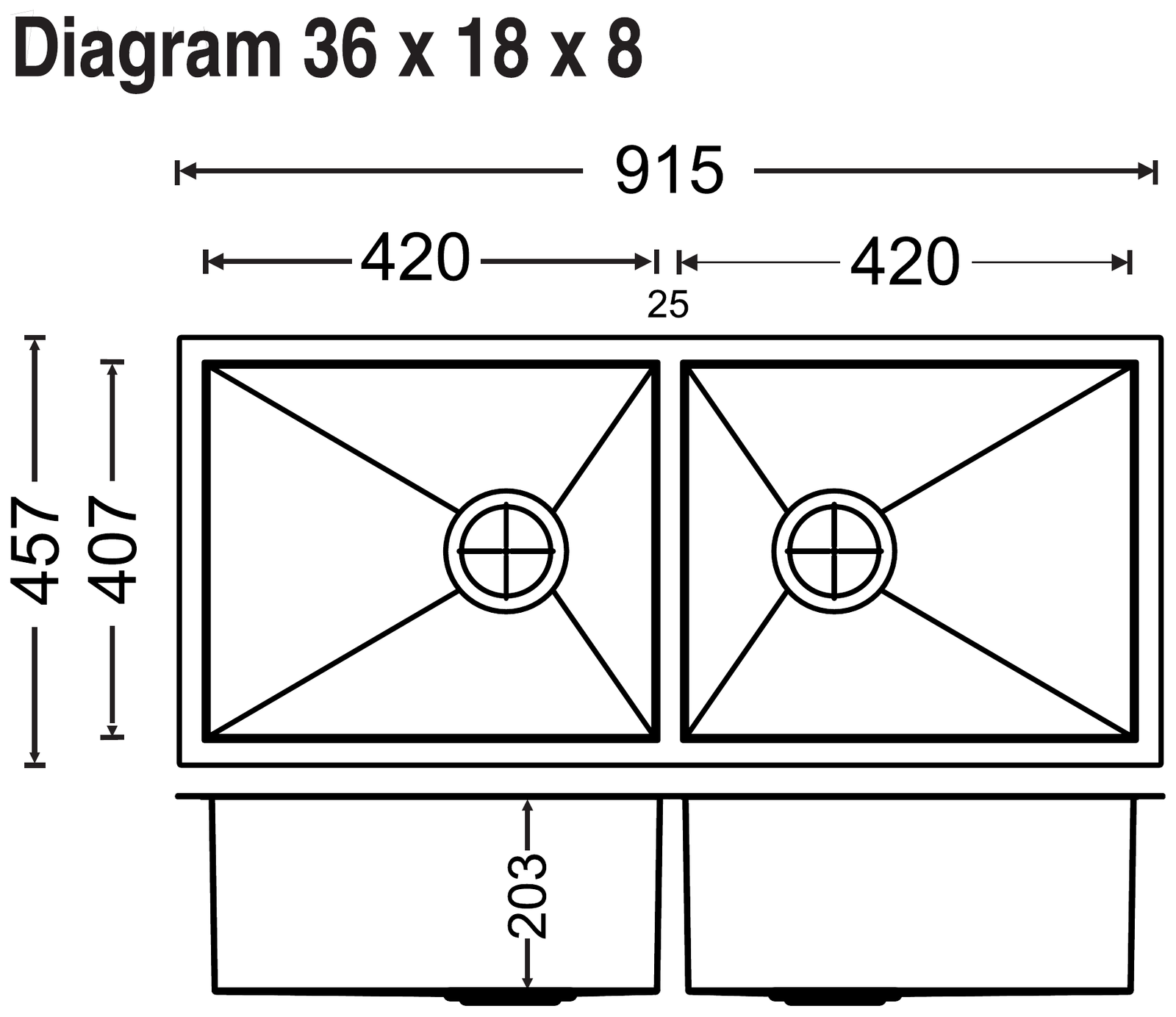 Carysil Quadro Double Bowl 36x18x8 technical drawing