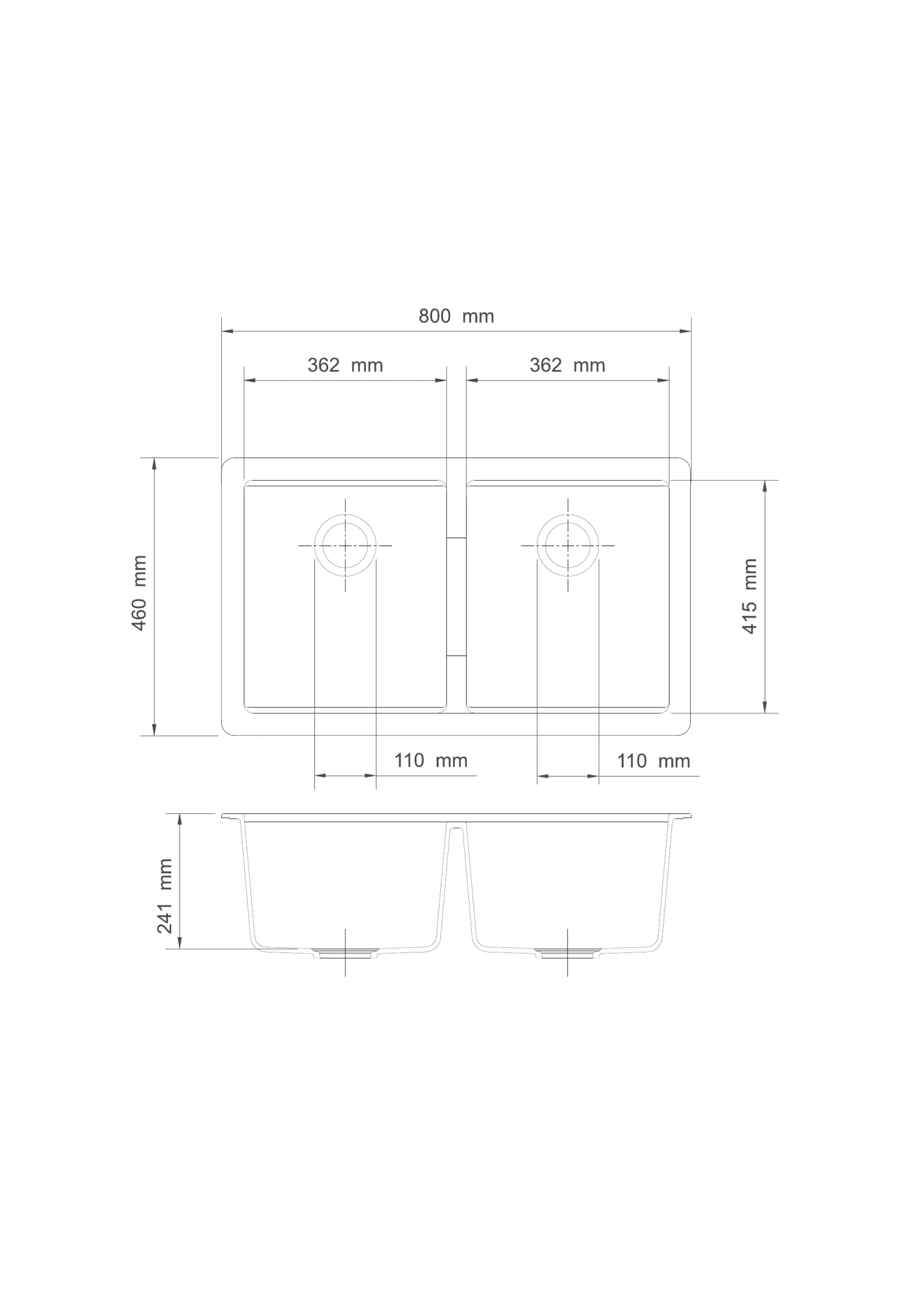 Carysil CG2B 3322 U Double Bowls Two Bowl Kitchen Sink technical drawing