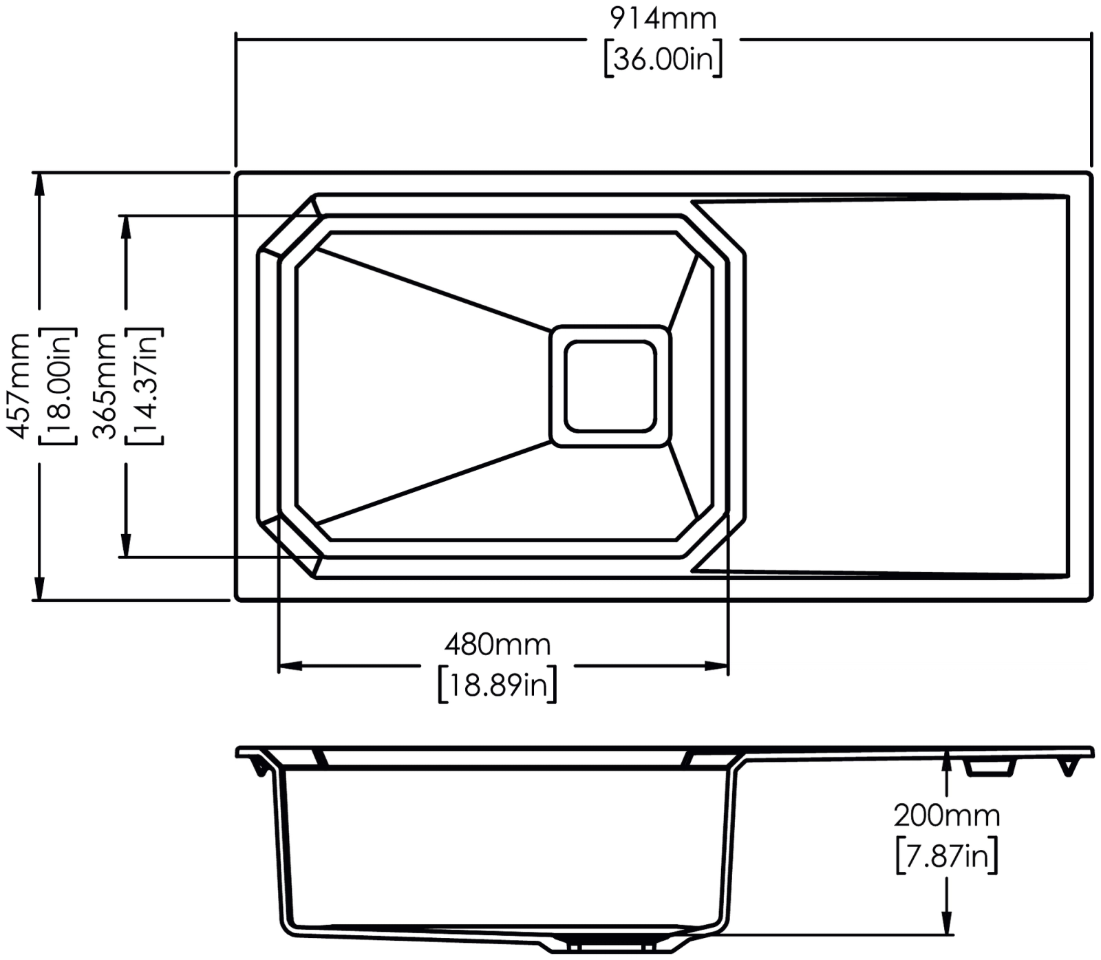 Carysil Crystal 3618 Single Bowl with drainer Kitchen Sink technical drawing