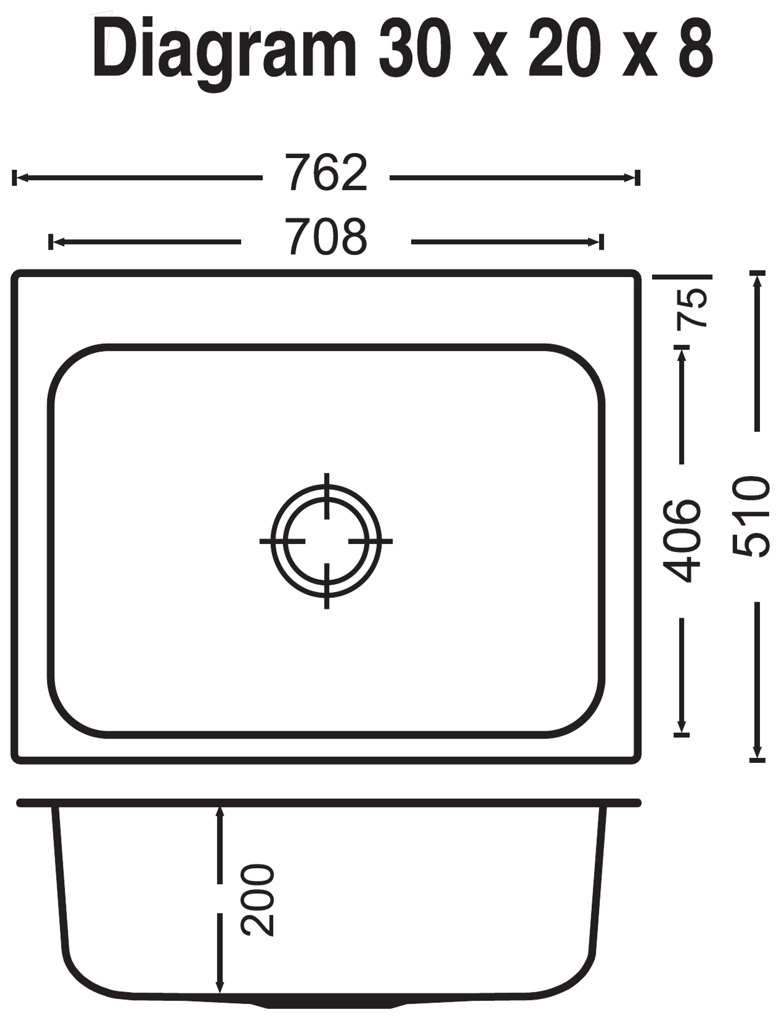 Carysil Elegance Plus Single Bowl 30x20x8 technical drawing
