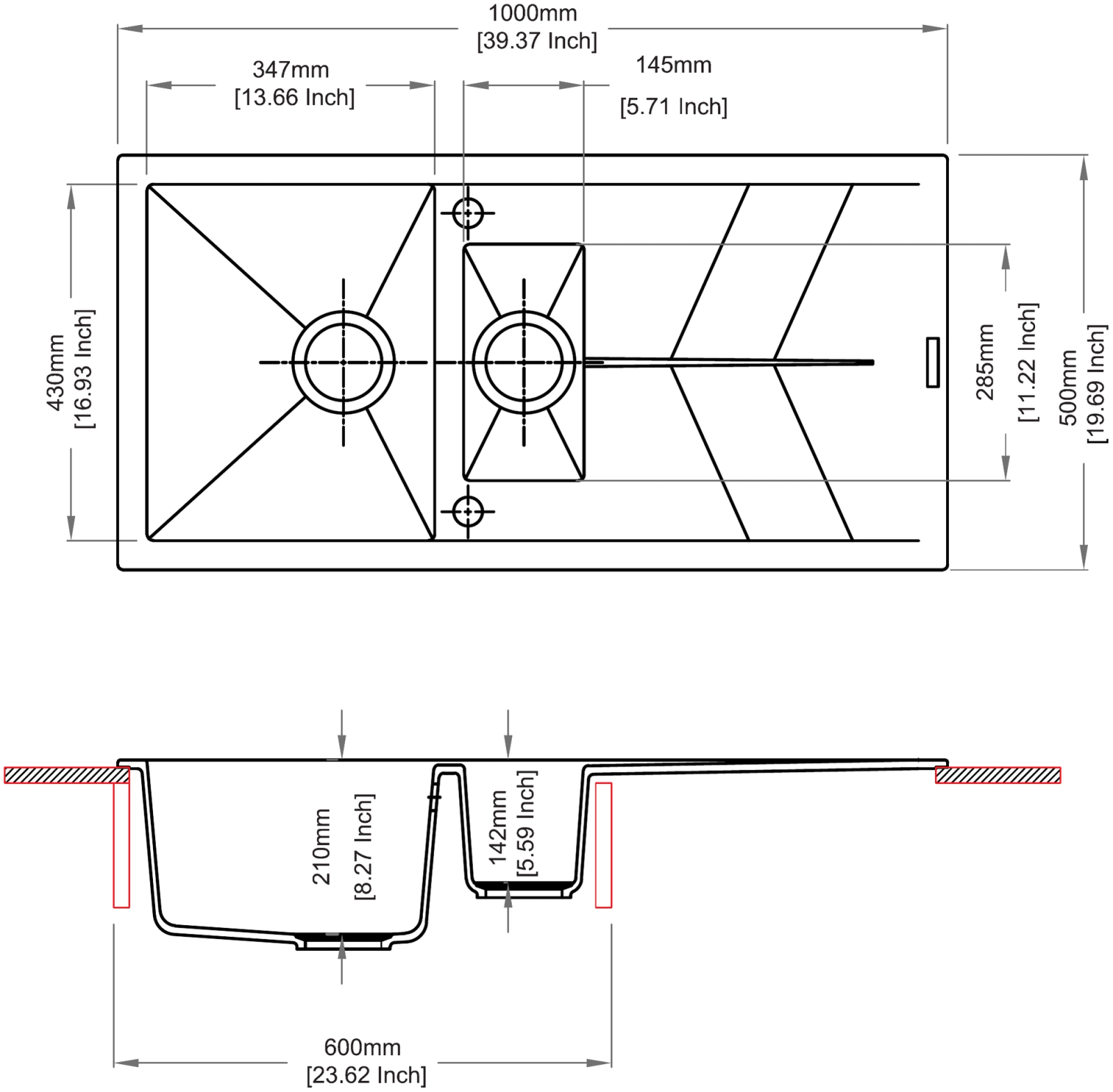 Carysil D150 Jazz One and Half Bowl with Drainer Kitchen Sink technical drawing