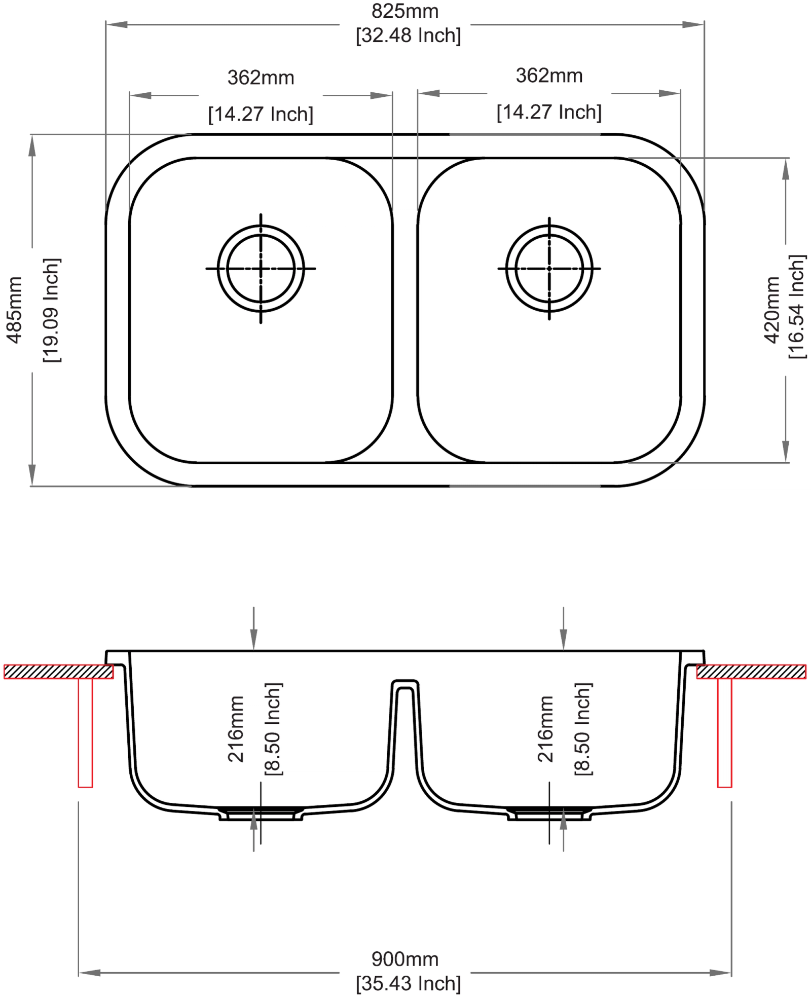 Carysil N200 Jumbo Double Bowl Kitchen Sink technical drawing