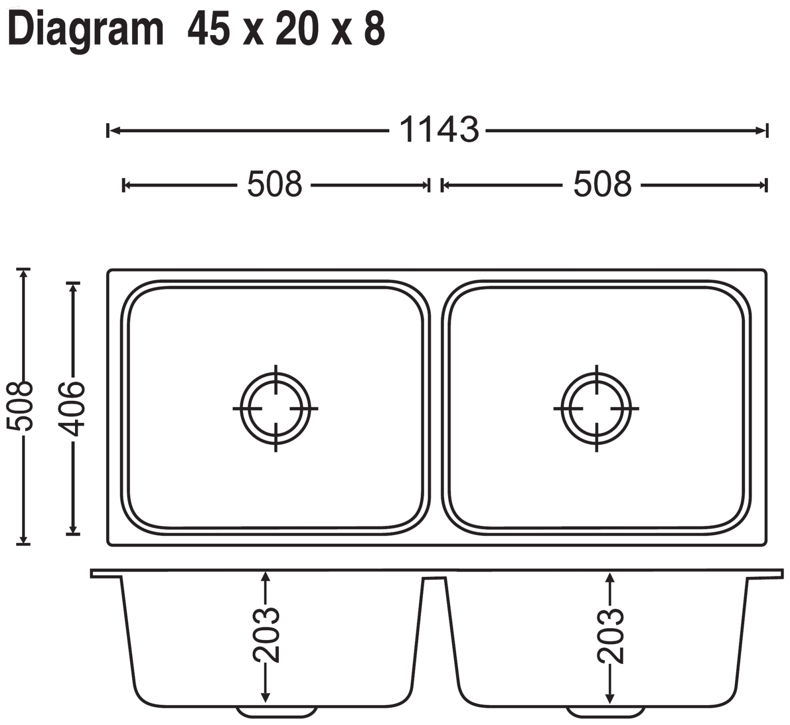 Carysil Elegance Double Bowl 45x20x8 technical drawing