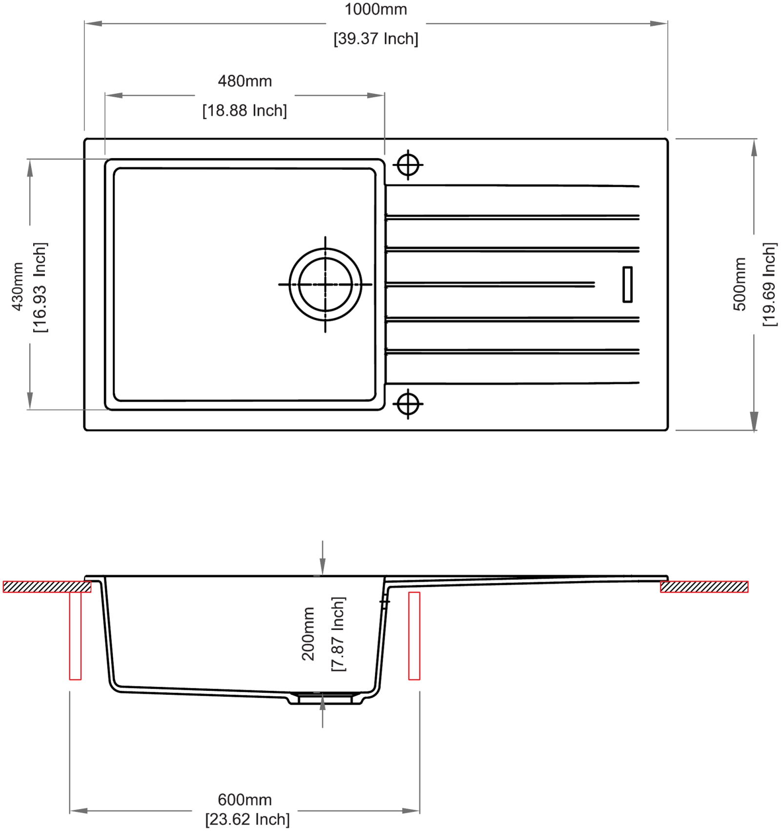 Carysil D100L Tip Toe Single Bowl with Drainer Kitchen sink technical drawing