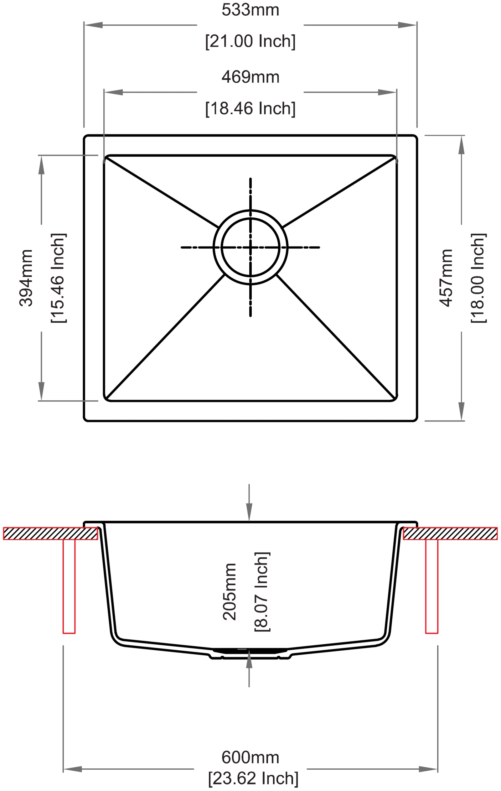 Salsa Single Bowl Kitchen Sink technical drawing