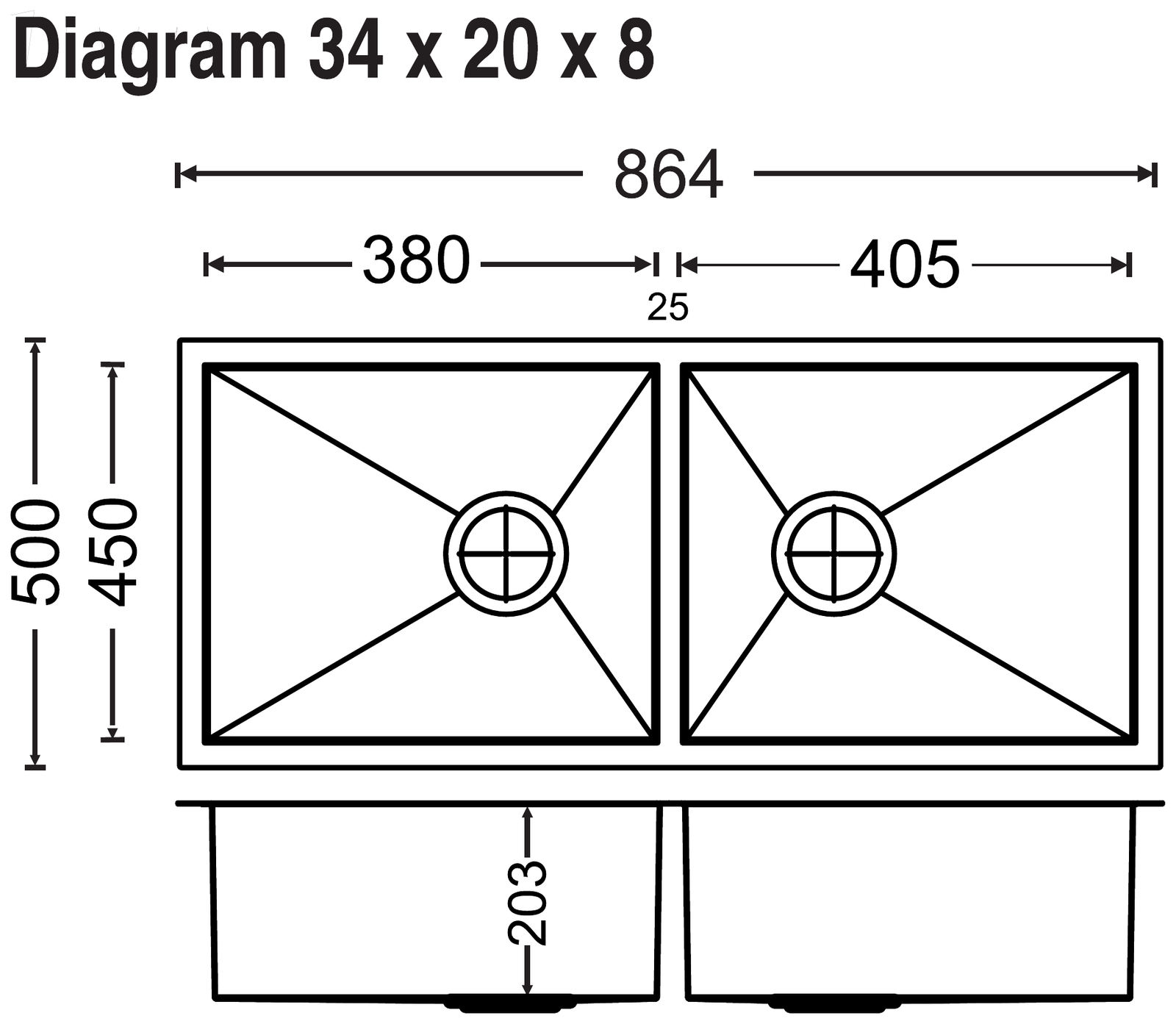 Carysil Quadro Double Bowl 34x20x8 technical drawing
