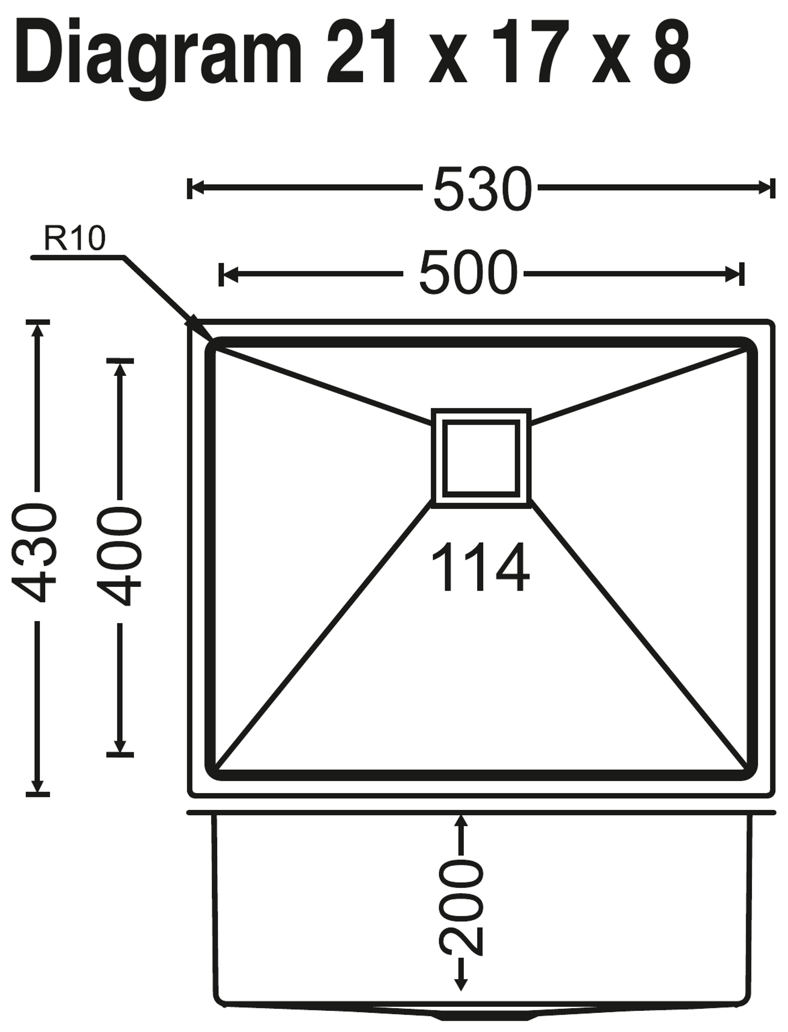 Carysil Micro Radius R10 Single Bowl 21x17x8 technical drawing