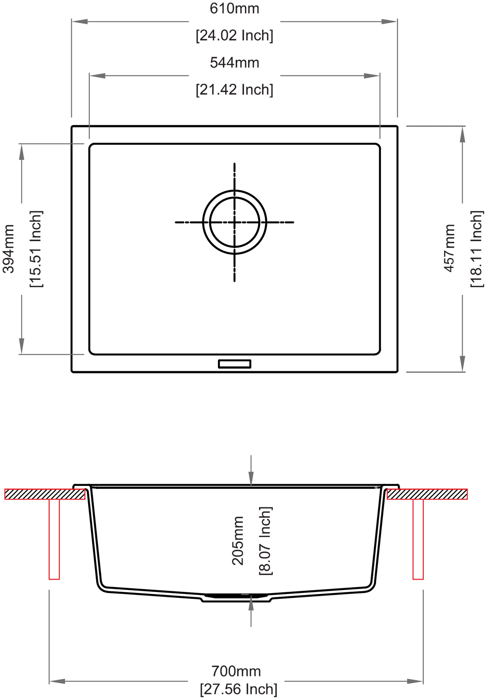 Carysil Big Bowl Kitchen Sink technical drawing