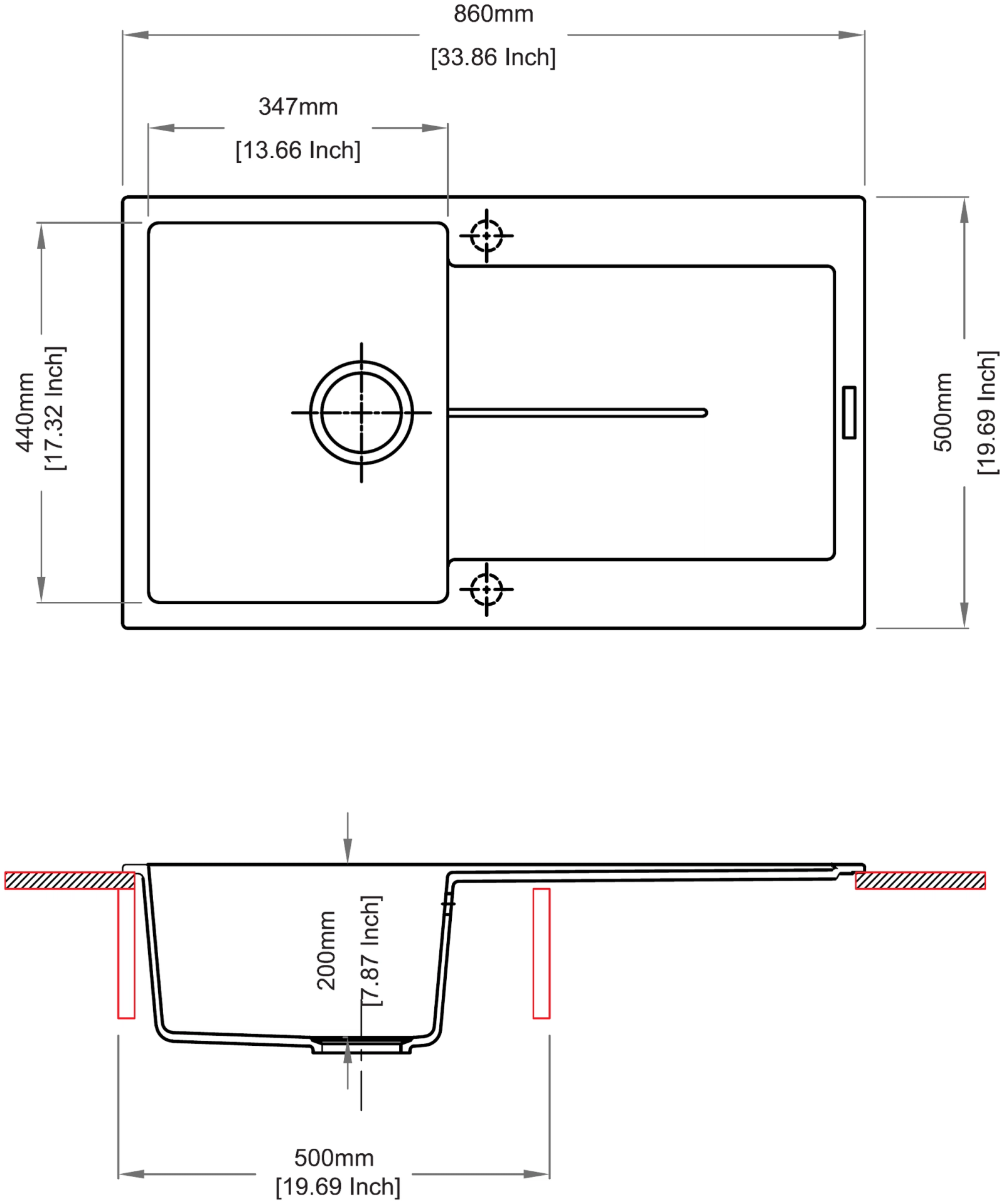 Carysil D100 Enigma Single Bowl with Drainer Kitchen Sink technical drawing