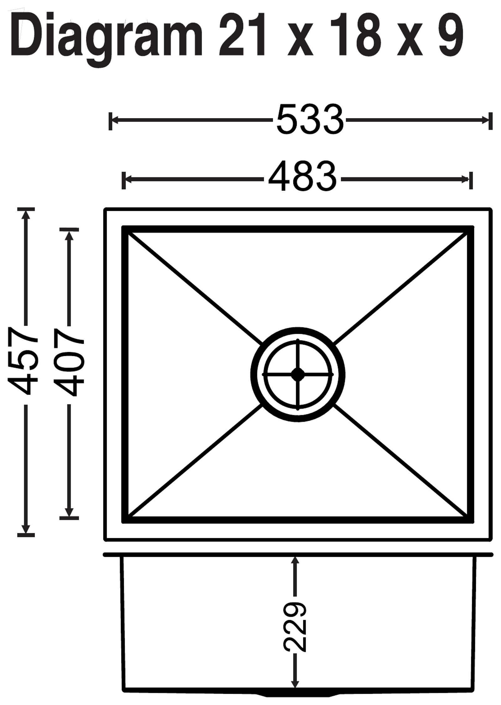 Carysil Quadro Q10 Single Bowl 21x18x9 technical drawing