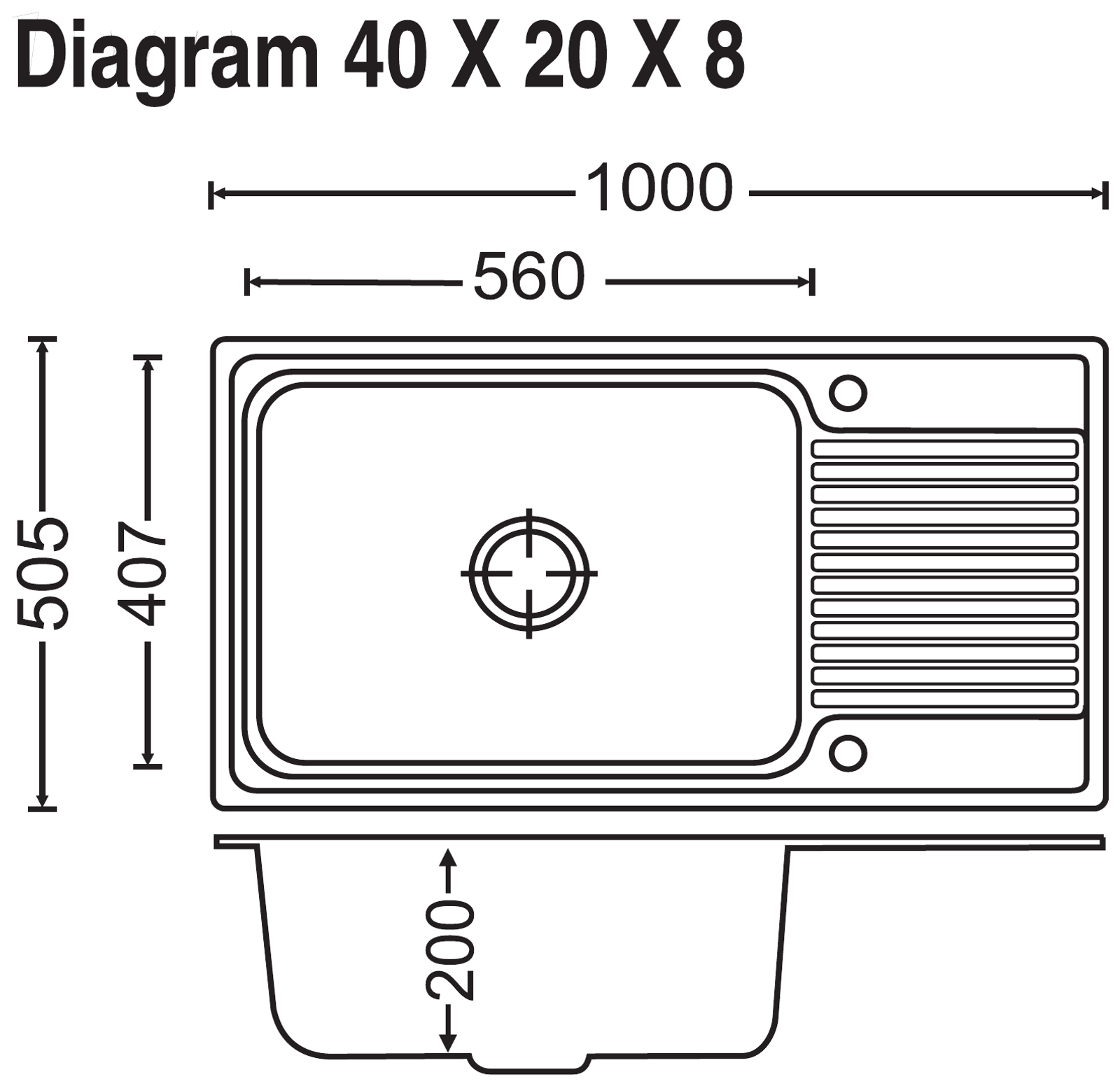 Carysil Vogue Single Bowl With Drainer 40x20x8 technical drawing
