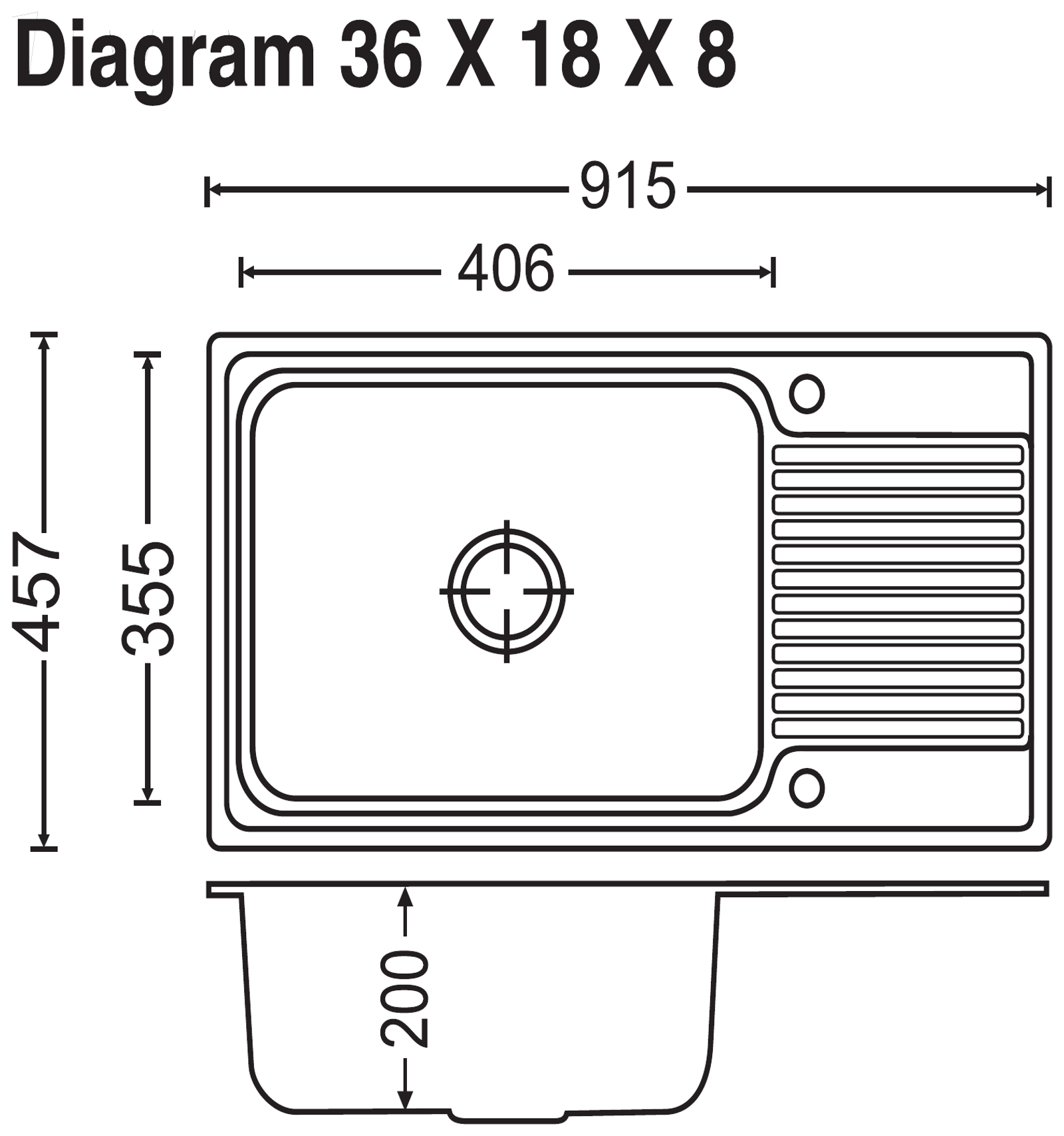 Carysil Vogue Single Bowl With Drainboard 36x18x8 technical drawing