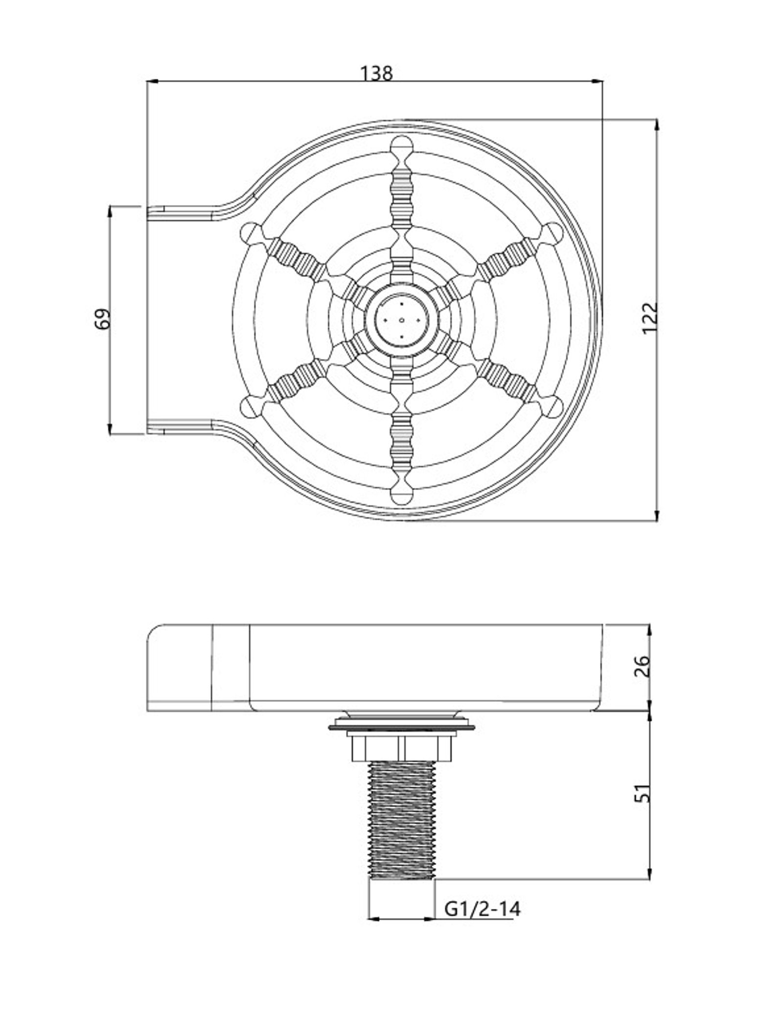 Carysil Glass Rinser for Kitchen Sink, Automatic Cup Washer for Kitchen Sink, 304-grade Stainless Steel, 5 Spray Holes, Bar Glass Rinser and Bottle Rinser, Matt Black Finish technical drawing