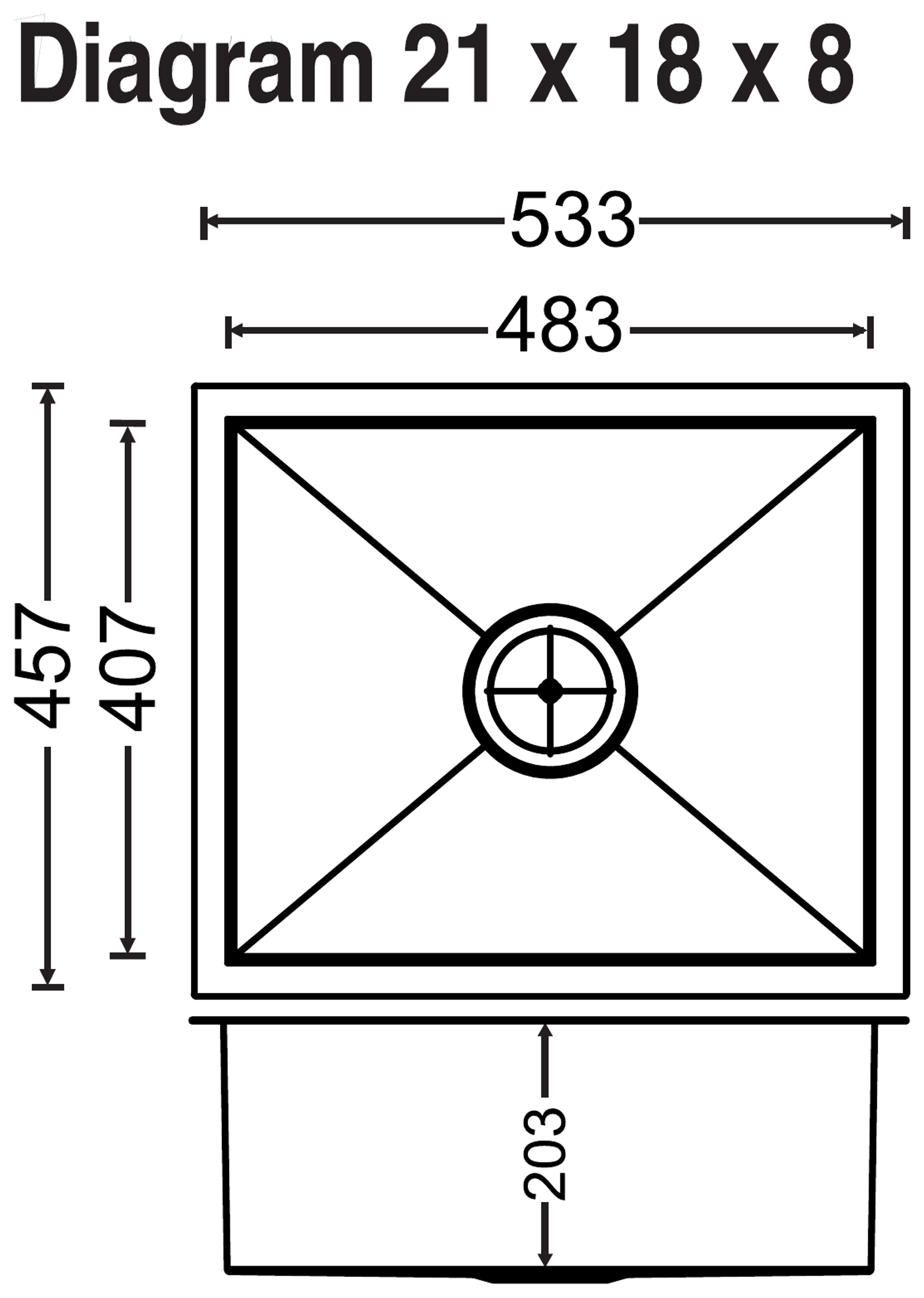 Carysil Quadro Q10 Single Bowl 21x18x8 technical drawing