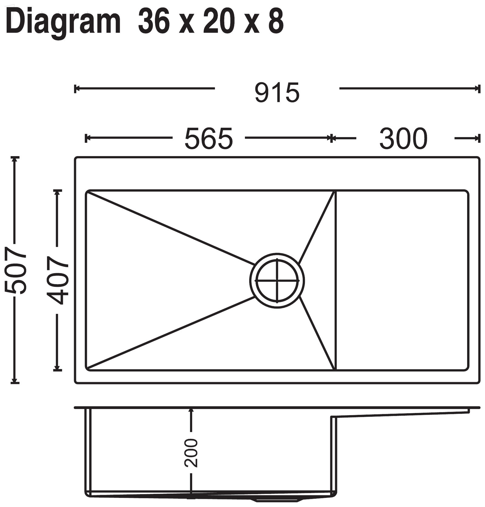 Carysil Micro Radius R10 Single Bowl with Drainer 36x20x8 technical drawing