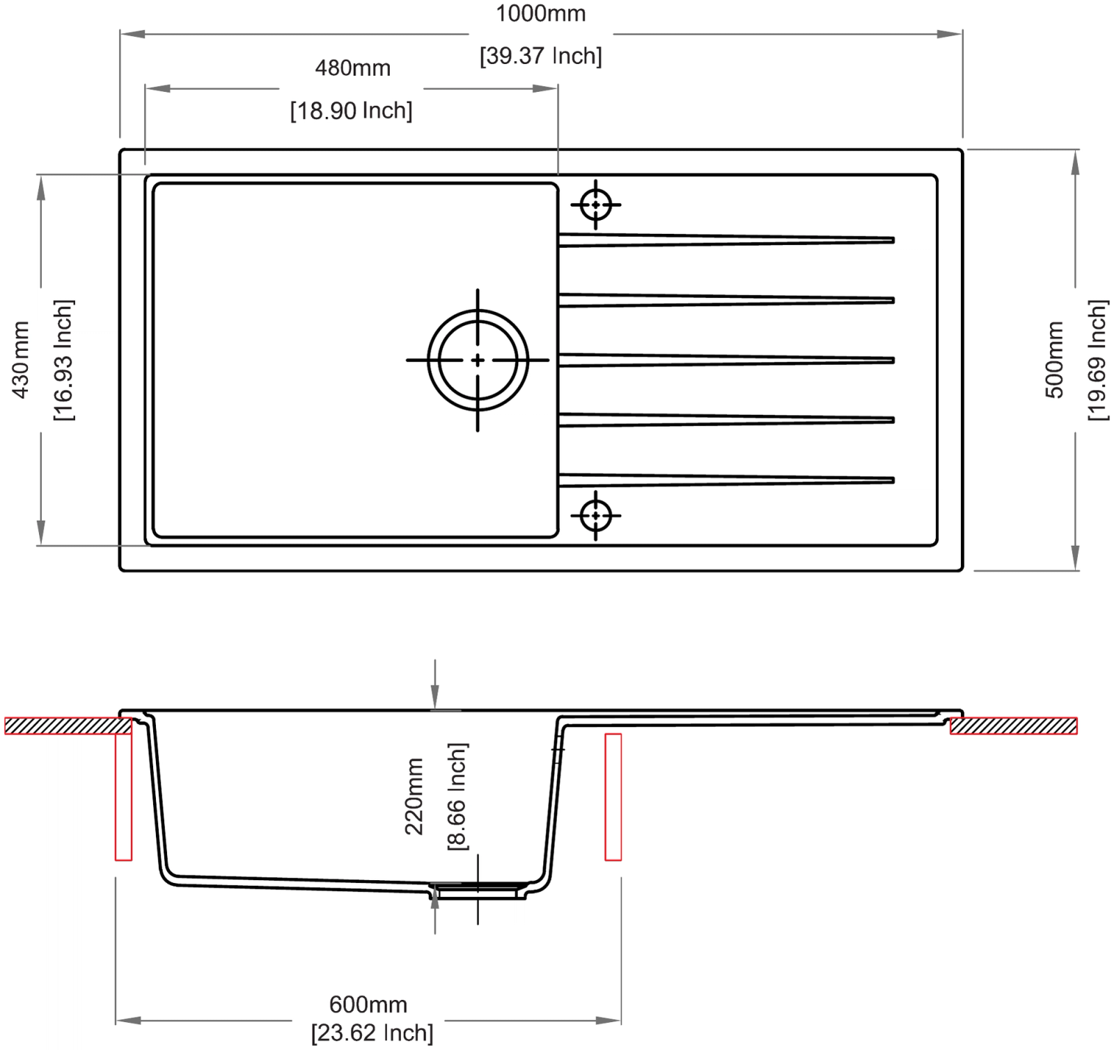 Carysil D100 L Vivaldi Single Bowl with Drainer Kitchen Sink technical drawing