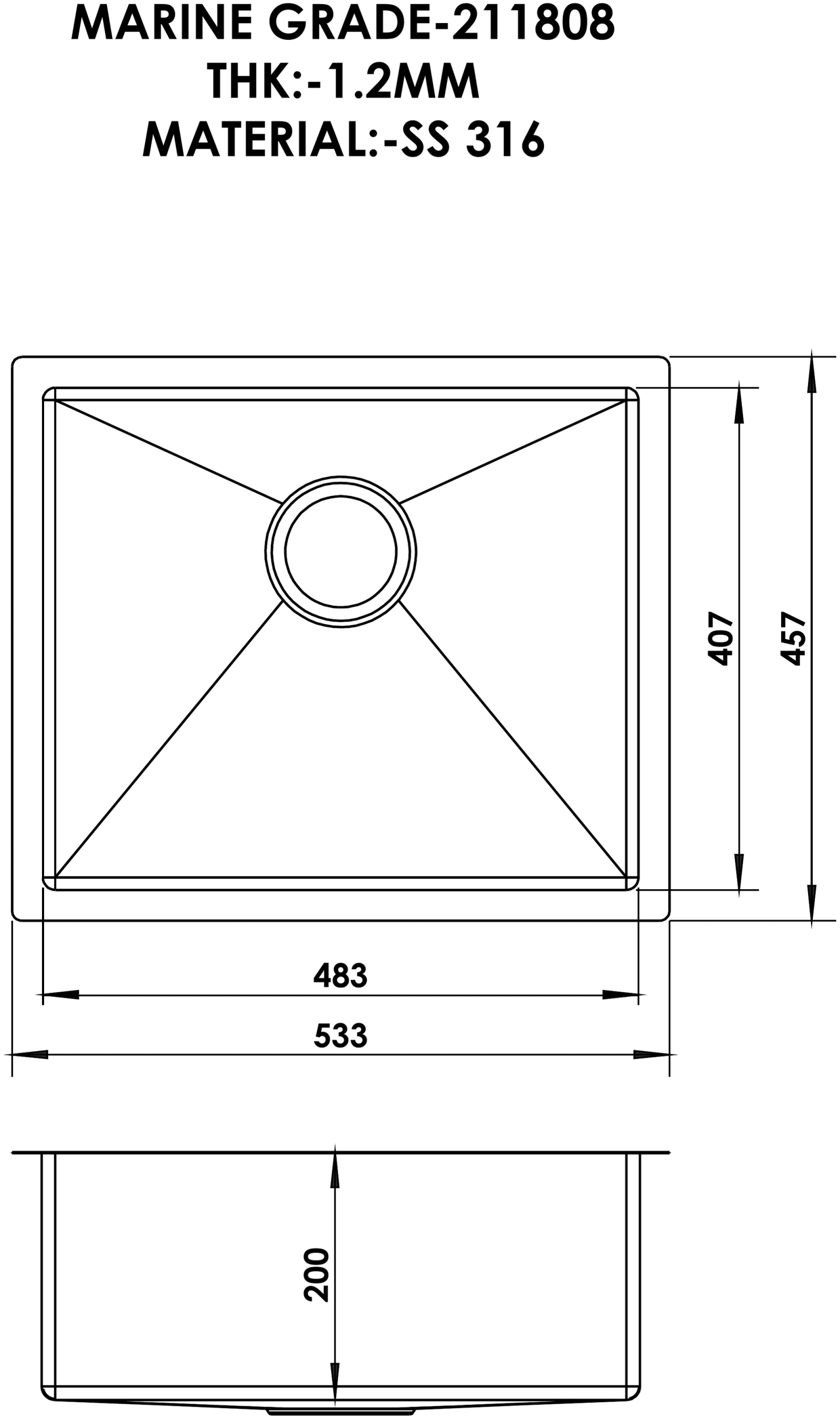 15 Marine Grade Single Bowl 21x18x8 technical drawing