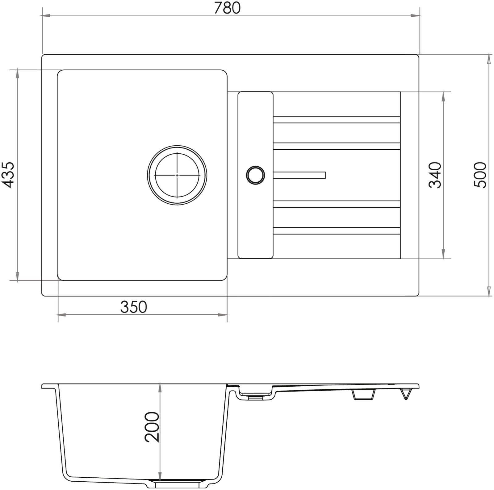 Carysil D100S Tip Toe Single Bowl with Drainer Kitchen Sink technical drawing