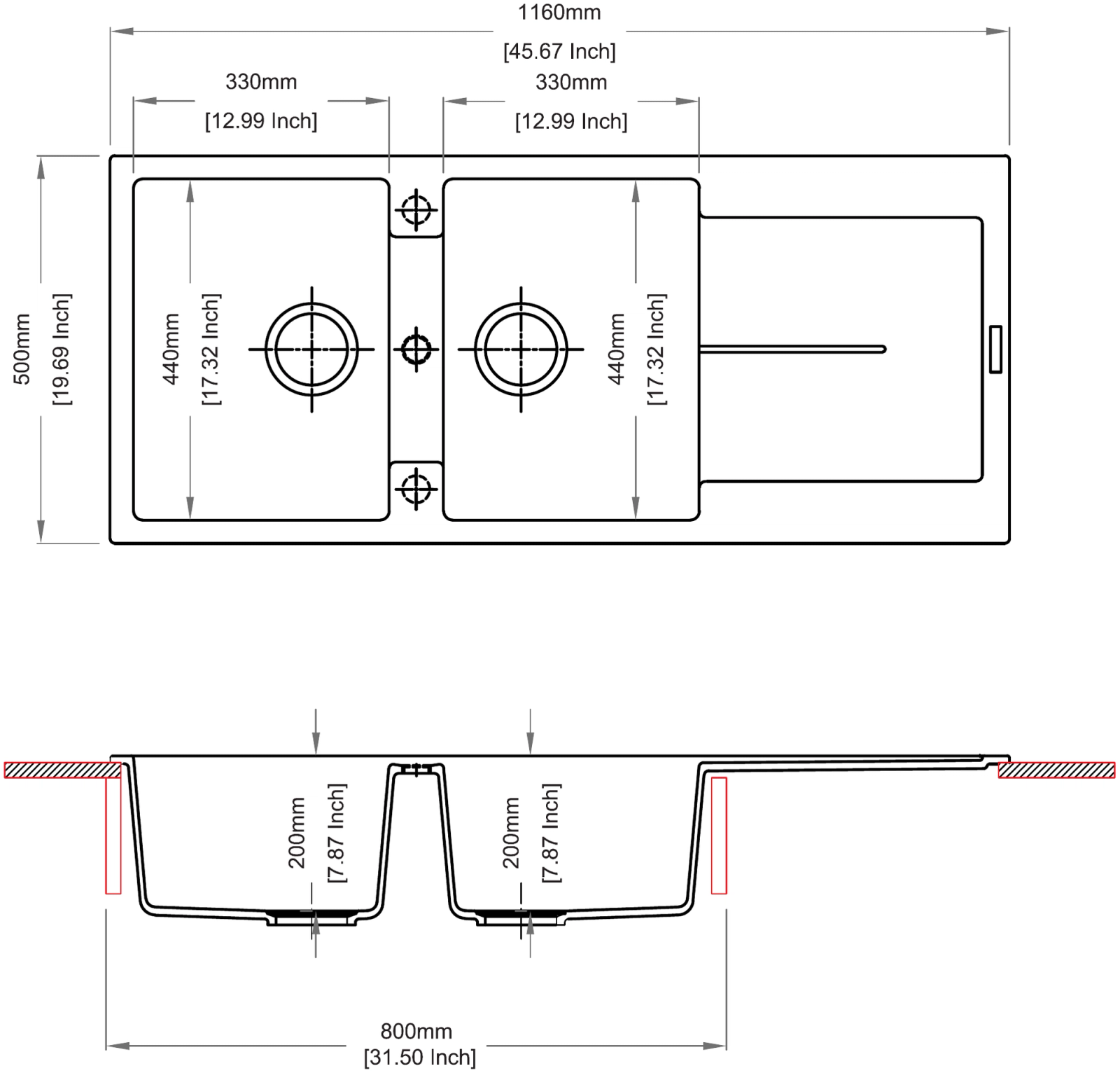 Carysil D200 Enigma Double Bowl with Drainer Kitchen Sink technical drawing