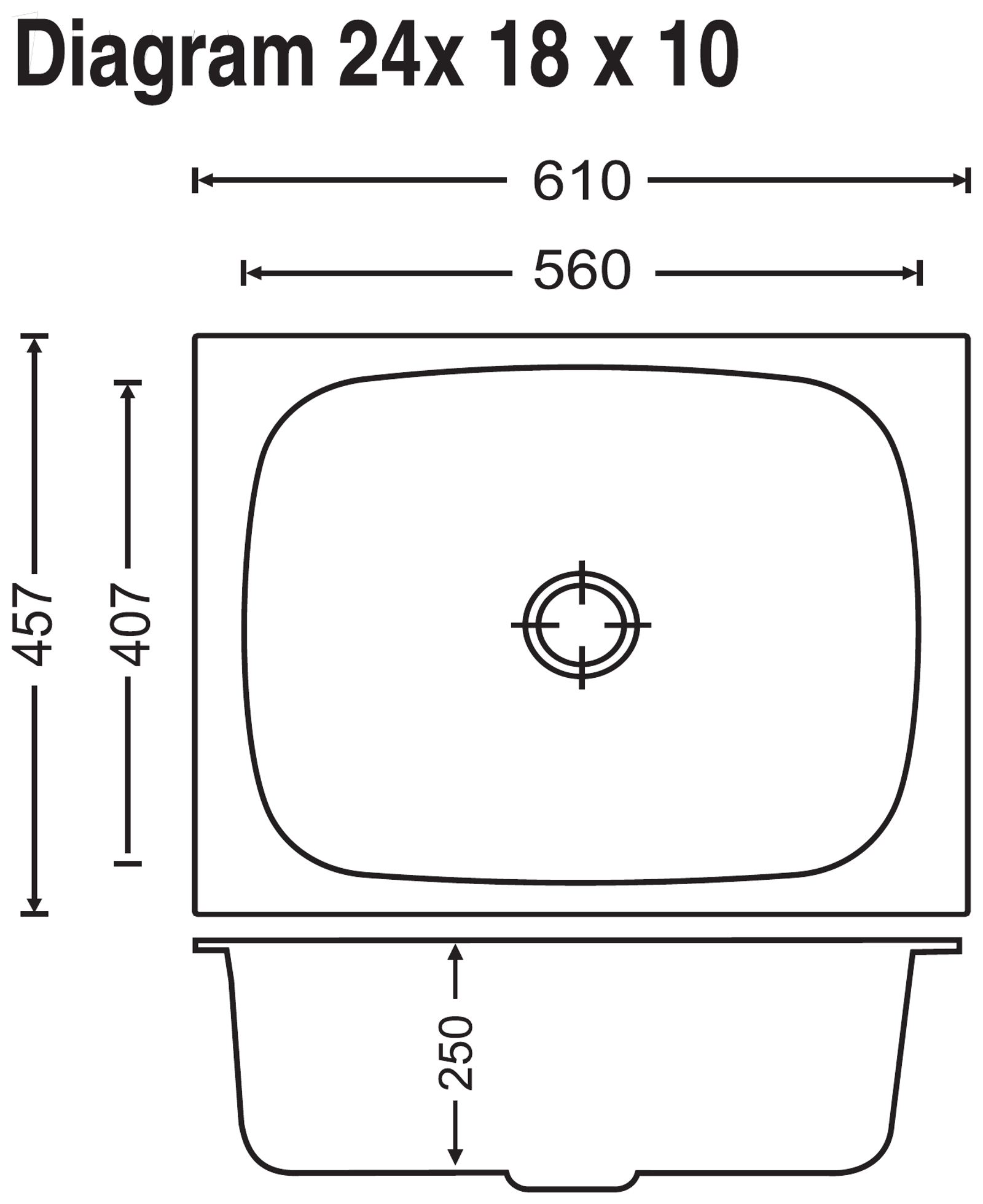 Carysil Elegance Single Bowl 24x18x10 technical drawing