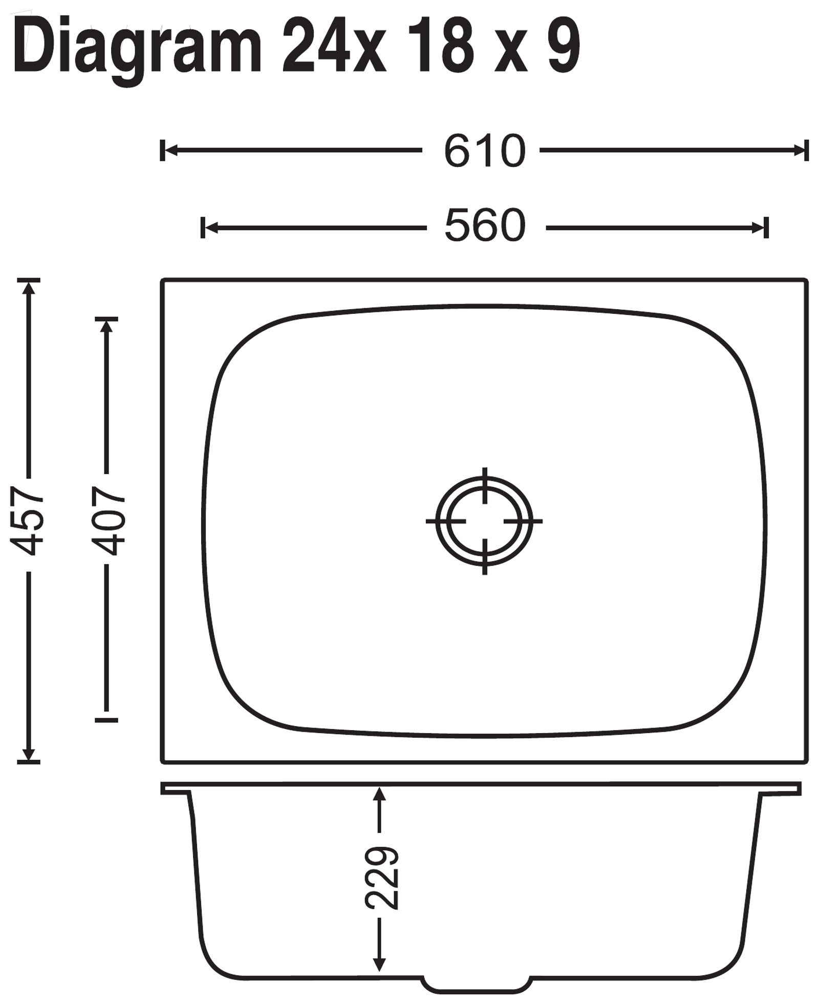 Elegance Single Bowl 24x18x9 technical drawing