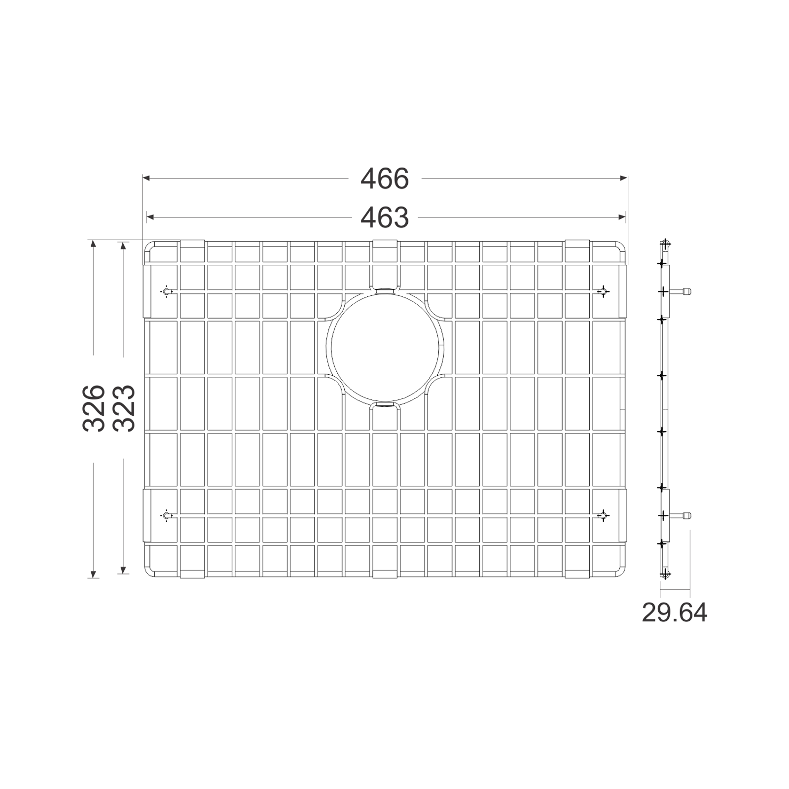 Carysil Wire Grid for Kitchen Sink, 304-Grade Stainless Steel, Metal Dish Drying Rack, Self Draining, Prevents Sliding, Kitchen Sink Accessories, 32.6×46.6×2.96 cm technical drawing