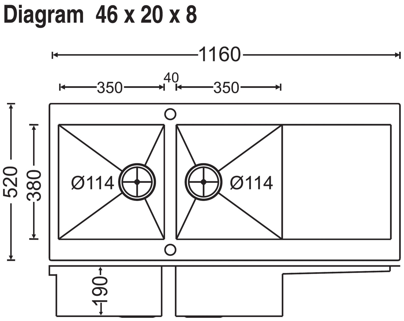 Carysil Rege One and Half and Double Bowl with Drainer 46x20x8 technical drawing