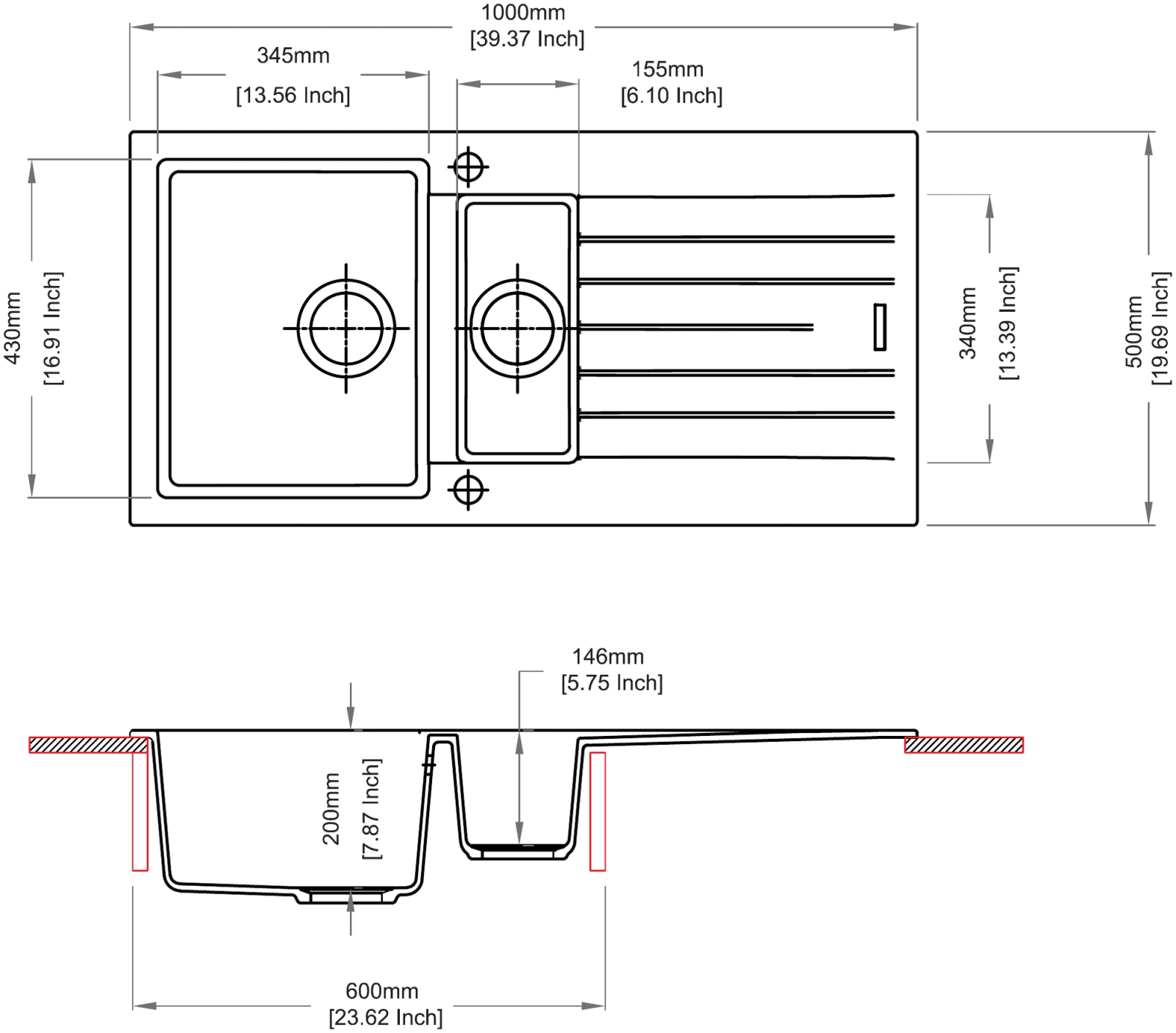 Carysil D150 Tip Toe Single with Drainer Kitchen Sink technical drawing