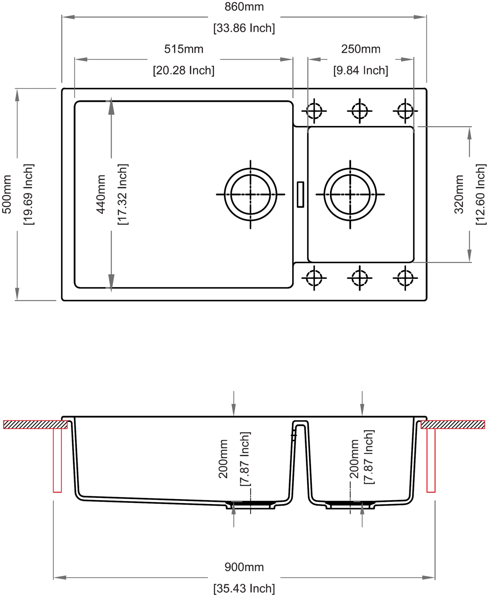 Carysil N200 Enigma Double Bowl Kitchen Sink technical drawing
