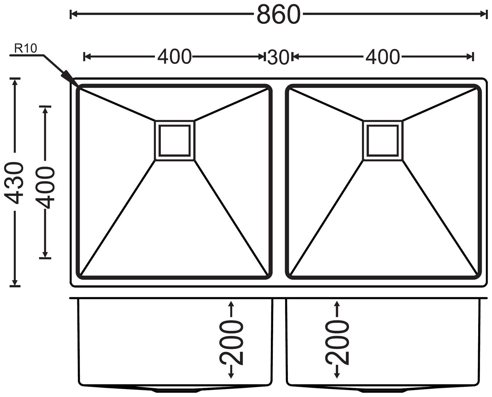 Carysil PMQ 9 PVD Double Bowl Kitchen Sink technical drawing