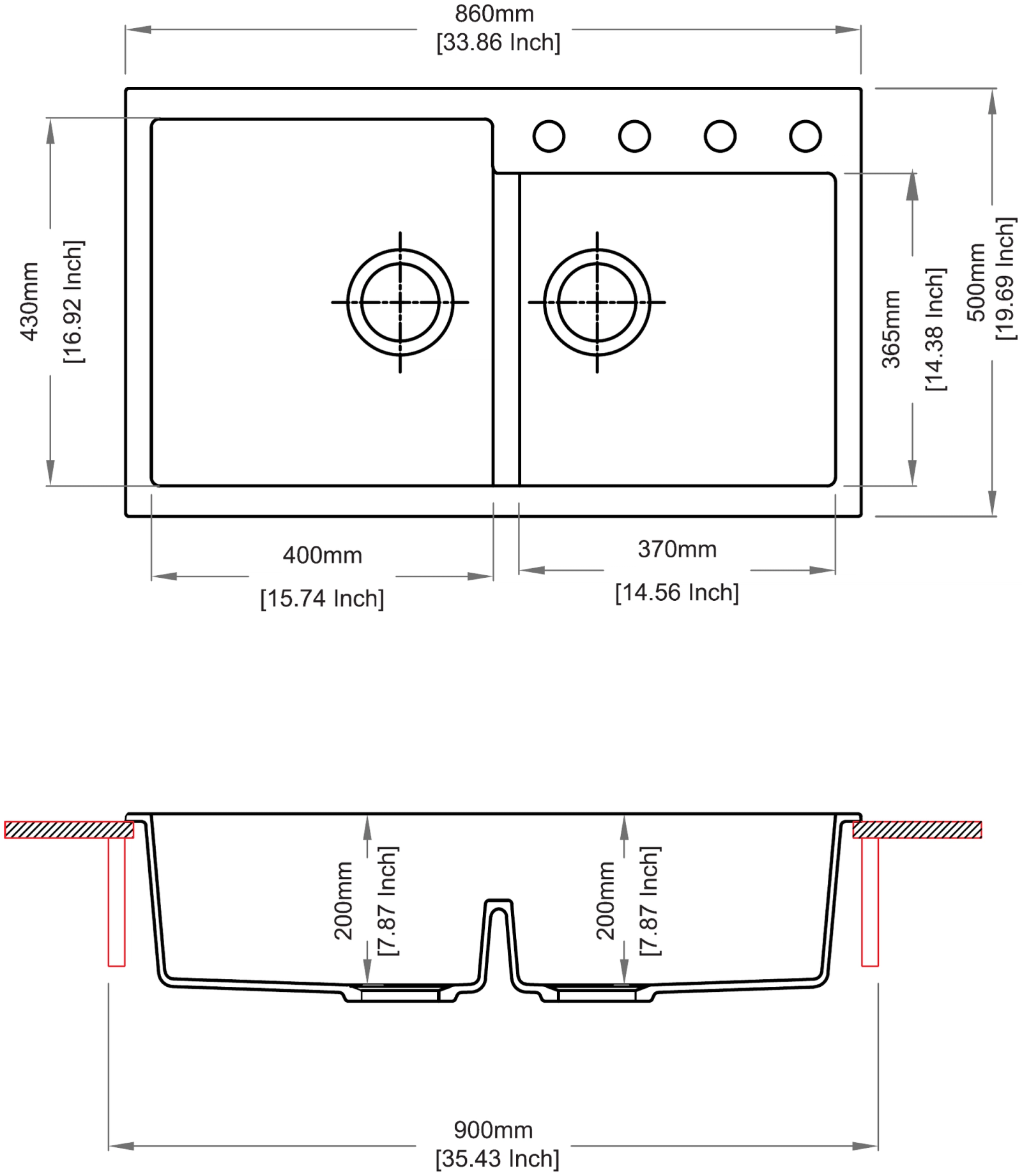 Carysil N200 Tip Toe Double Bowl Kitchen Sink technical drawing