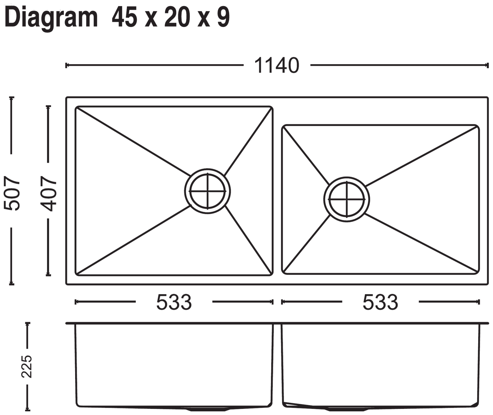 Carysil Micro Radius R10 One and Half Bowl and Double Bowl 45x20x9 technical drawing