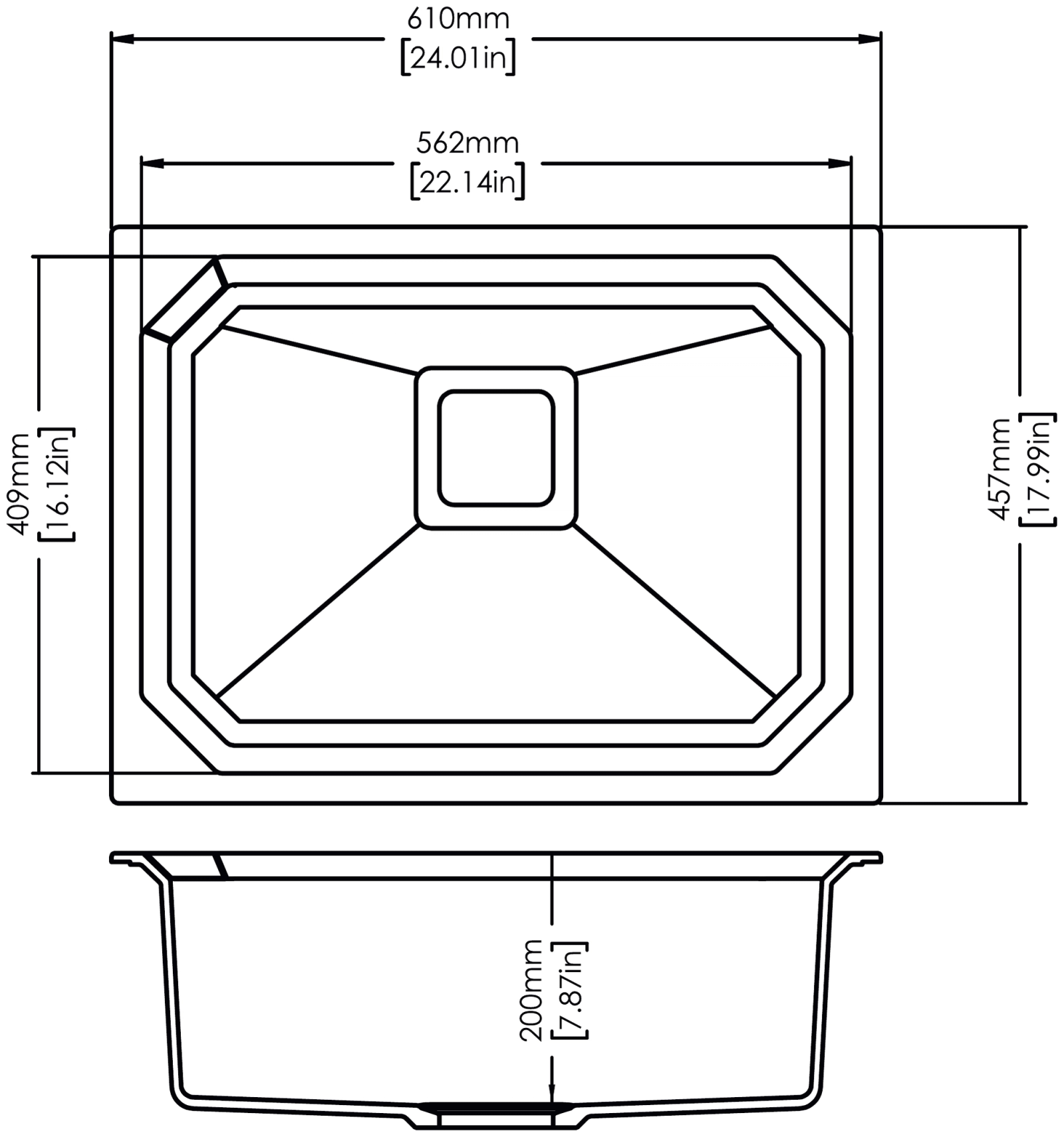 Carysil Crystal 2418 Single Bowl Kitchen Sink technical drawing