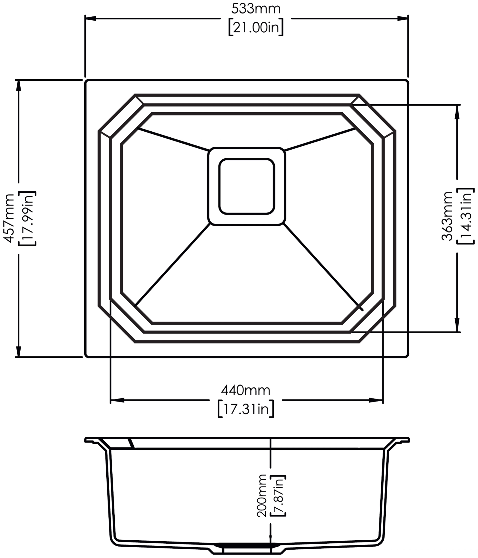 Carysil Crystal 2118 Single Bowl Kitchen Sink technical drawing