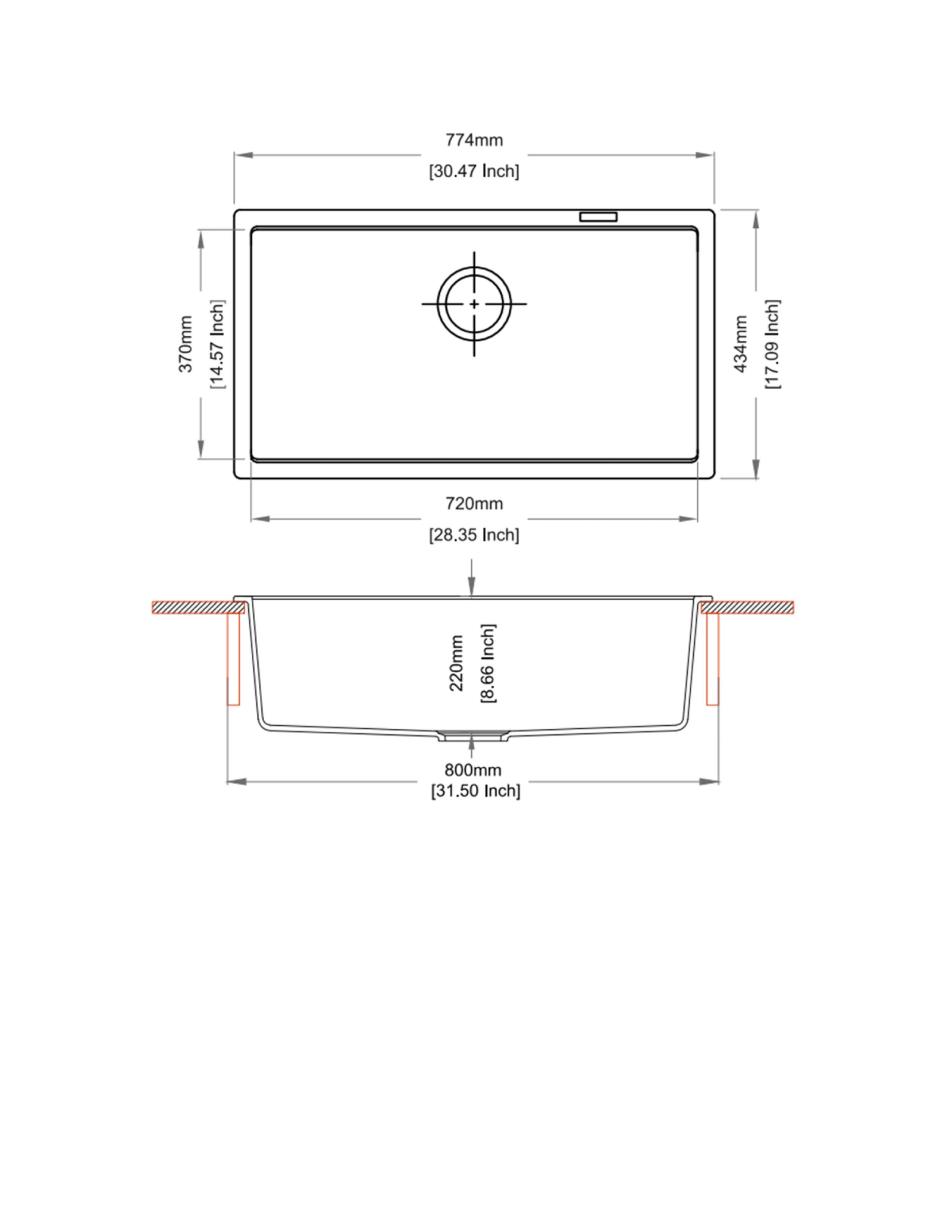 Carysil 780 U Waltz Single Bowl Kitchen Sink technical drawing